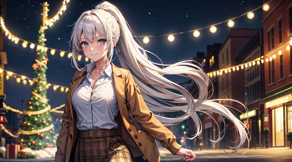 1girl, solo, full body, christmas, christmas tree, street, night, lights, giving gift, long hair, white hair, ponytail, large breasts, button down, ((opened brown short jacket)), dark blue eyes, ((chestnut shirt)), checked shirt, ((unbuttoned shirt)), ((long skirt)), smile, looking at the viewer, standing