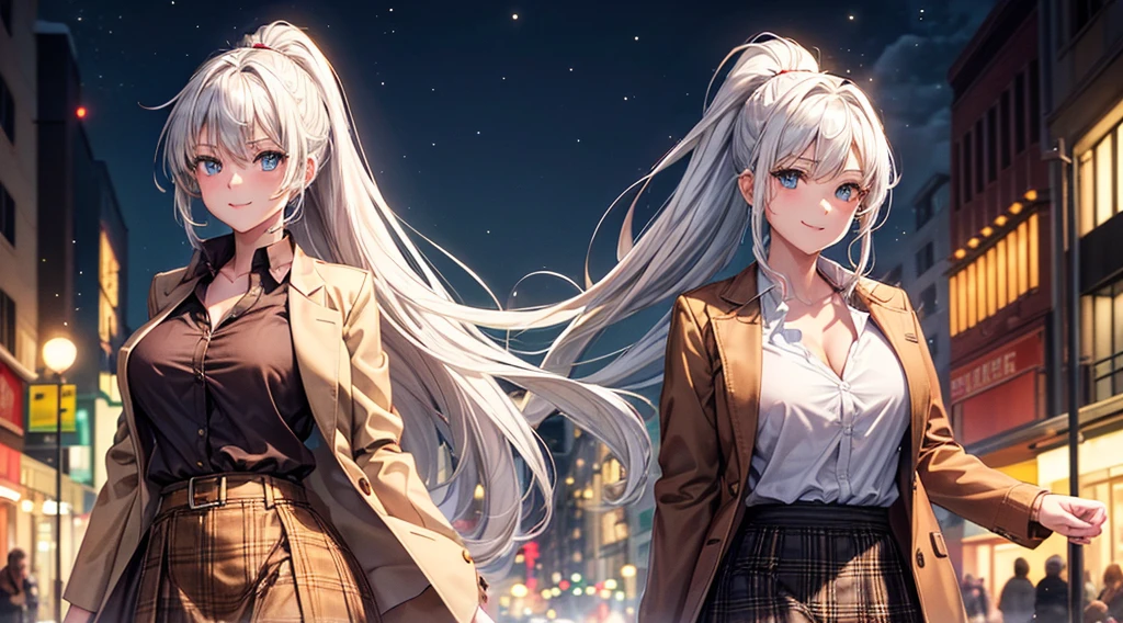 1girl, solo, full body, christmas, christmas tree, street, night, lights, giving gift, long hair, white hair, ponytail, large breasts, button down, ((opened brown short jacket)), dark blue eyes, ((chestnut shirt)), checked shirt, ((unbuttoned shirt)), ((long skirt)), smile, looking at the viewer, standing