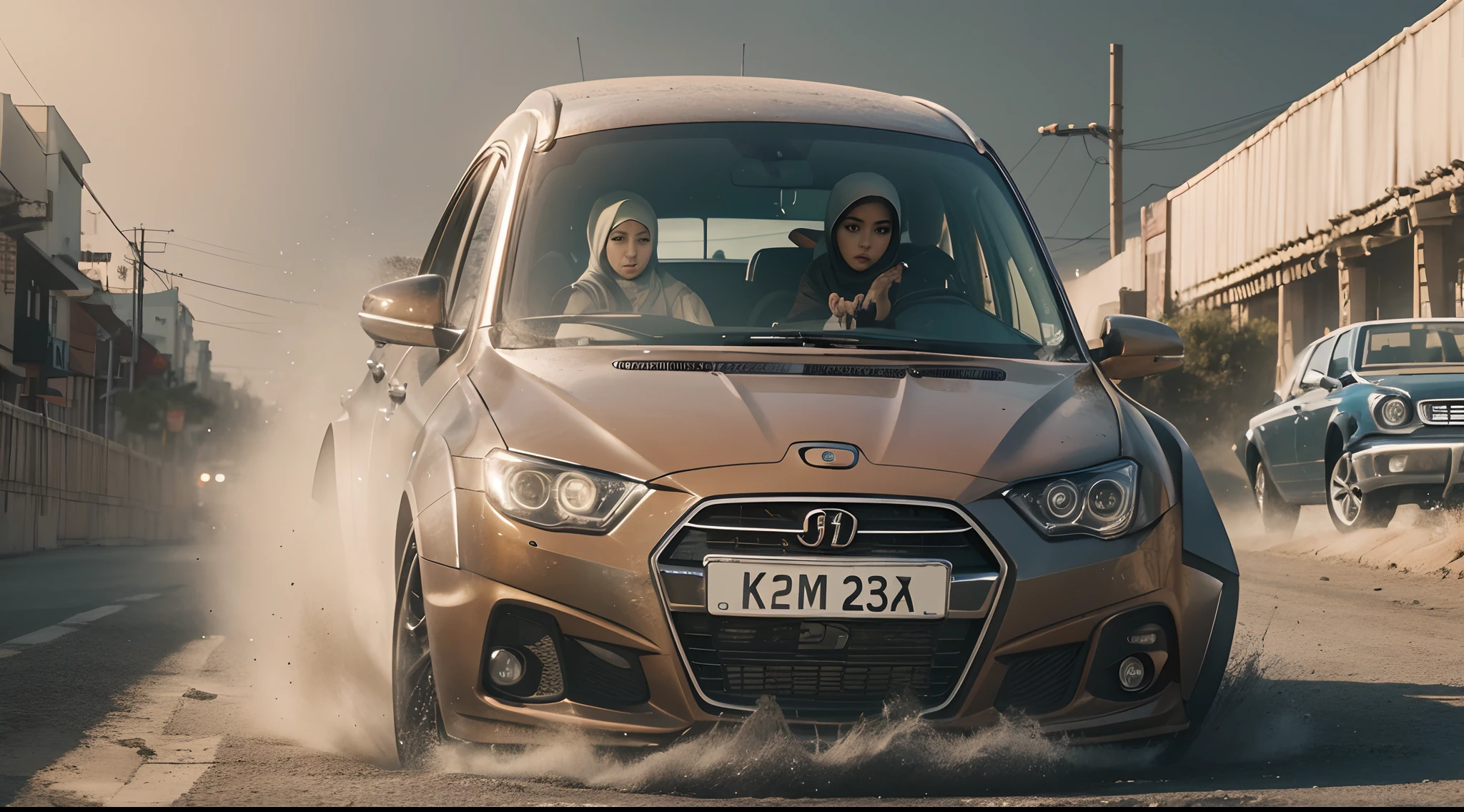 Create a film still from a thrilling car chase scene, featuring a Malay girl in hijab as the skilled driver. Use a wide-angle lens and dynamic camera angles to convey the speed and intensity of the chase, photo taken using Panavision DXL2, 28mm lens, Establishing shot, muted color grading, cinemascope, drama, high quality, ultra detailed, 8k resolution, hyper - realistic photography,