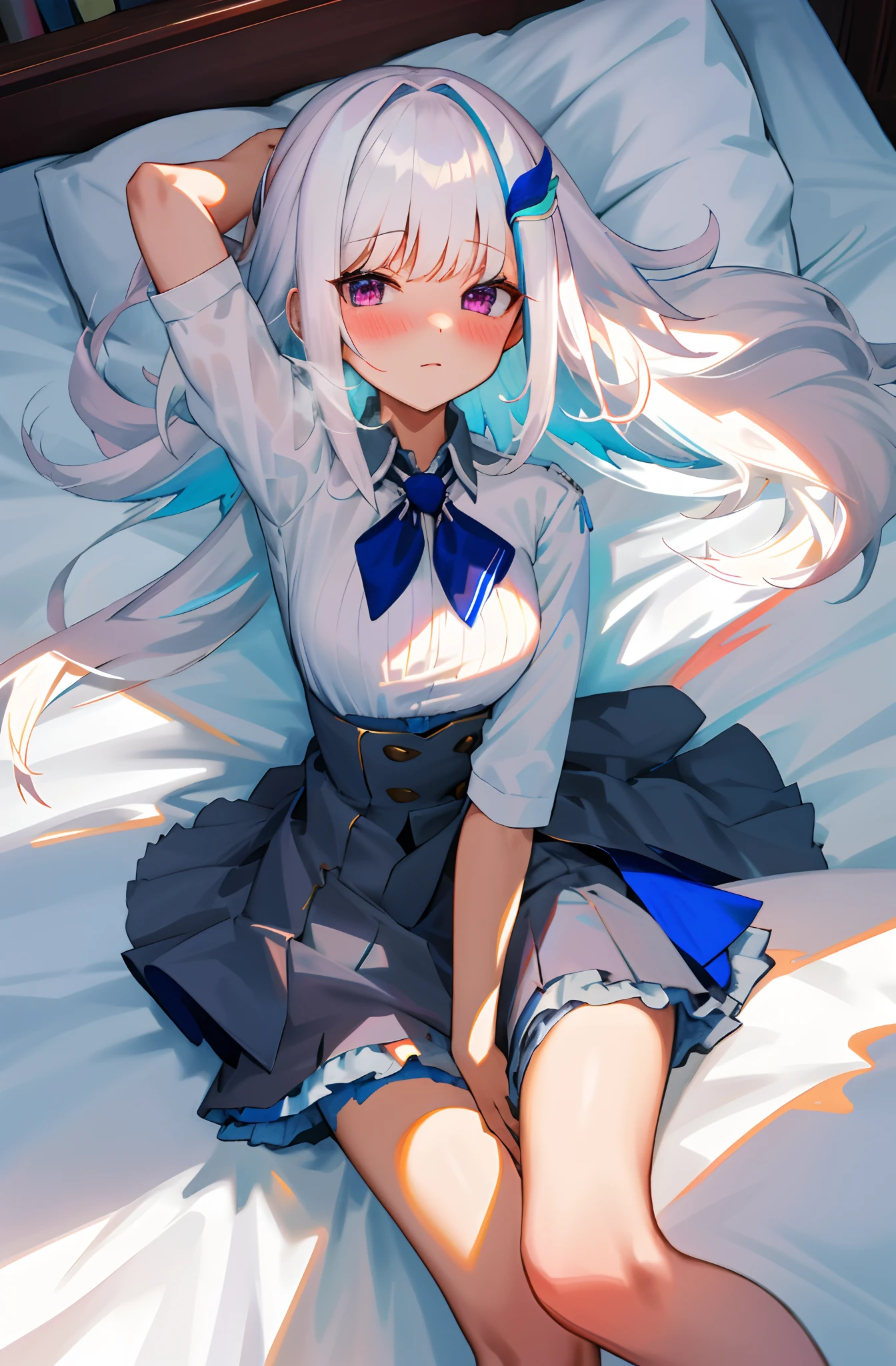 One girl with long wavy hair, white hair, looking at viewer, sexual expression invite, blushing, indoor , , bare hands, medium breast, white shirts, bowtie, black skirts, undress shirts, bra, bra visible, naked, perfect waist, thigh, bed, hip high skirt, laying on, lie down, arms up, hands grabbing her breasts, laying on back, from above, legs spread, wet, nsfw, day atmosphere, hair ornament