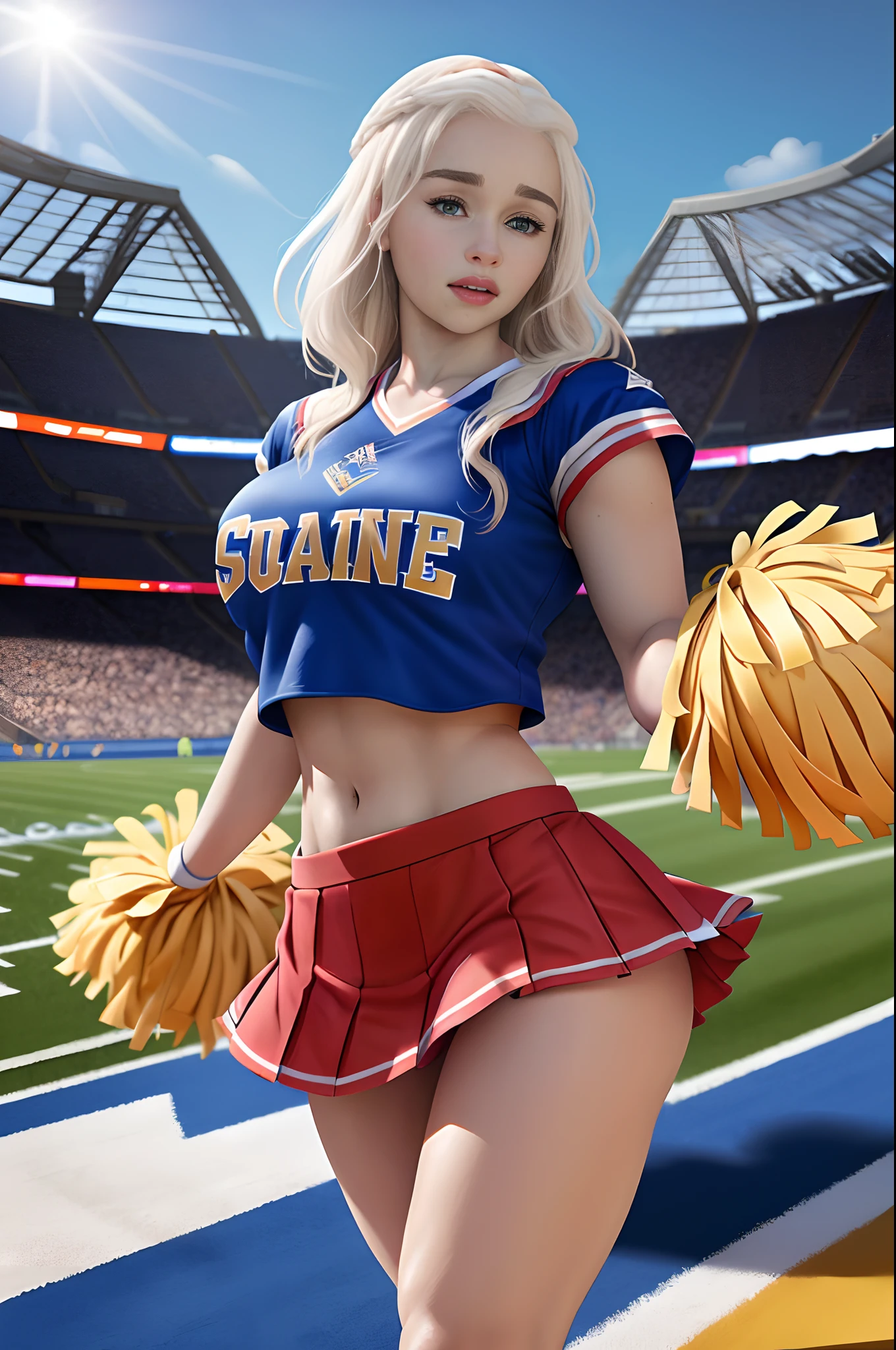 Emilia Clarke, masterpiece quality, realistic, lots of detail, sunny day, cheerleader outfit, pleated miniskirt, super short miniskirt. crop top, in sports stadium, on football field, thin body, big breasts breasts,