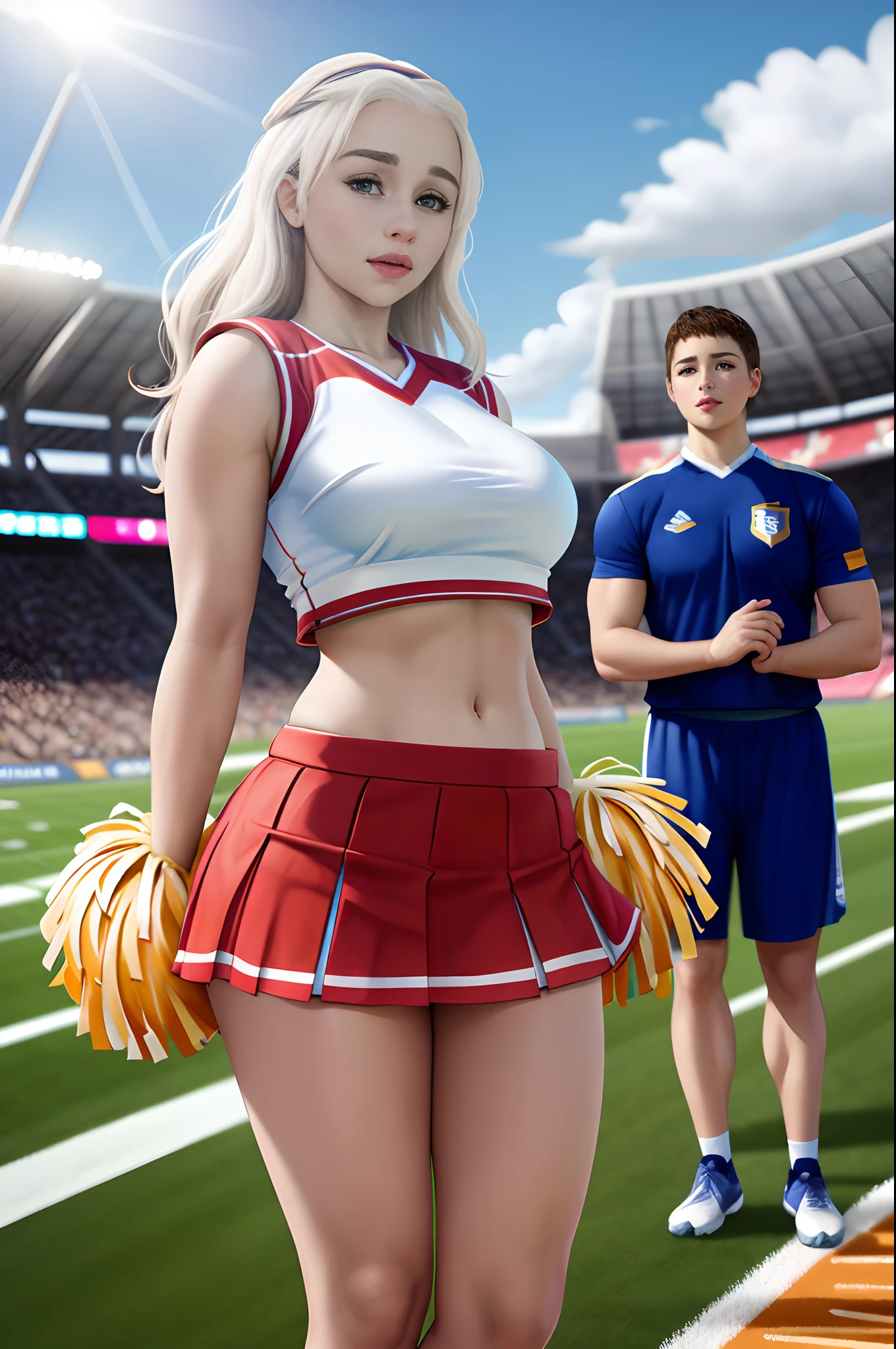 Emilia Clarke, masterpiece quality, realistic, lots of detail, sunny day, cheerleader outfit, pleated miniskirt, super short miniskirt. crop top, in sports stadium, on football field, thin body, big breasts breasts,