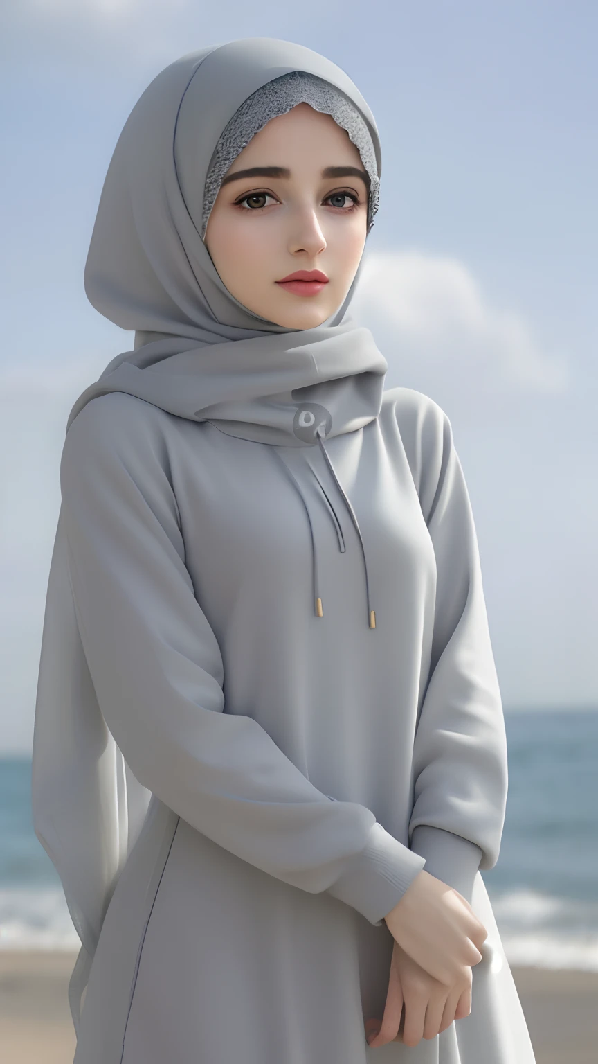 a close up of a woman wearing a gray hoodie on a beach, hijab, girl wearing hoodie, white hijab, wearing hoodie, light grey, hooded, gray hoodie, wearing a grey hooded sweatshirt, grey hoodie, grey, inspired by Maryam Hashemi, inspired by Nazmi Ziya Güran, beautiful burqa's woman, gray color, inspired by Shaddy Safadi