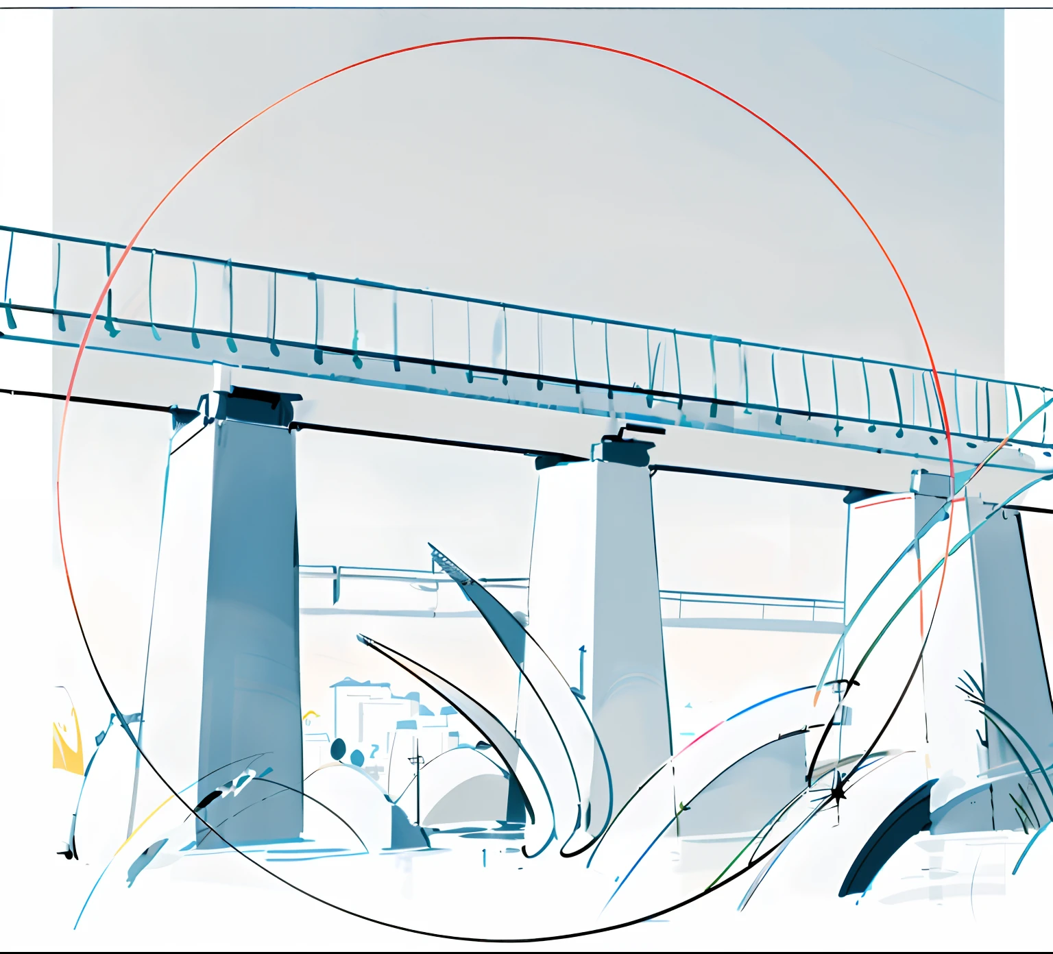 Drawings of windmills,There is a bridge above, colouring - in sheet, bridge, line art colouring page, single line drawing, bridge over the water, dessin au trait, Simple line art, Takahashi,city on top, drawn with a single line, Simple lines of art, contour drawing, overpass, Coloring book outline, drawn in microsoft paint, field journal line art