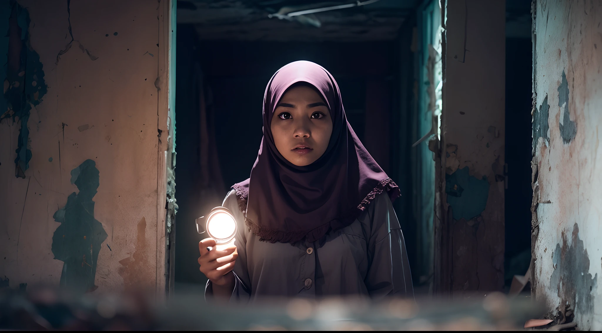 Generate a suspenseful film still with a Malay girl in hijab holding a flashlight in a dimly lit, abandoned building, reminiscent of a horror thriller. Use a 35mm lens to enhance the eerie atmosphere