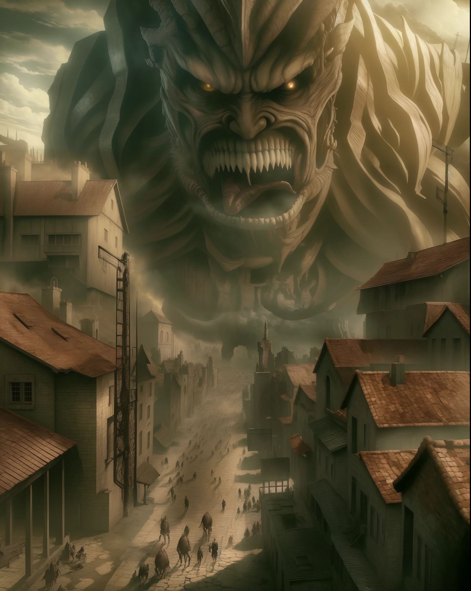 (masterpiece:1.2) (illustration:1.2) (best quality) (detailed) (intricate) (8k) (HDR) (wallpaper) (cinematic lighting) (sharp focus), A gripping scene from "Attack on Titan" where the colossal Titans loom ominously over the fortified city, capturing the essence of the anime's intense atmosphere. high details, best quality, 16k, RAW, [best detailed], masterpiece, best quality, (extremely detailed)