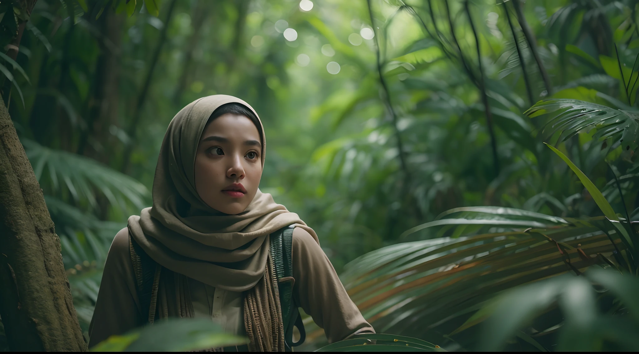 Craft a cinematic film still with a Malay girl in hijab racing through a dense jungle, evoking the spirit of 'Indiana Jones.' Utilize a telephoto lens to capture the sense of adventure.