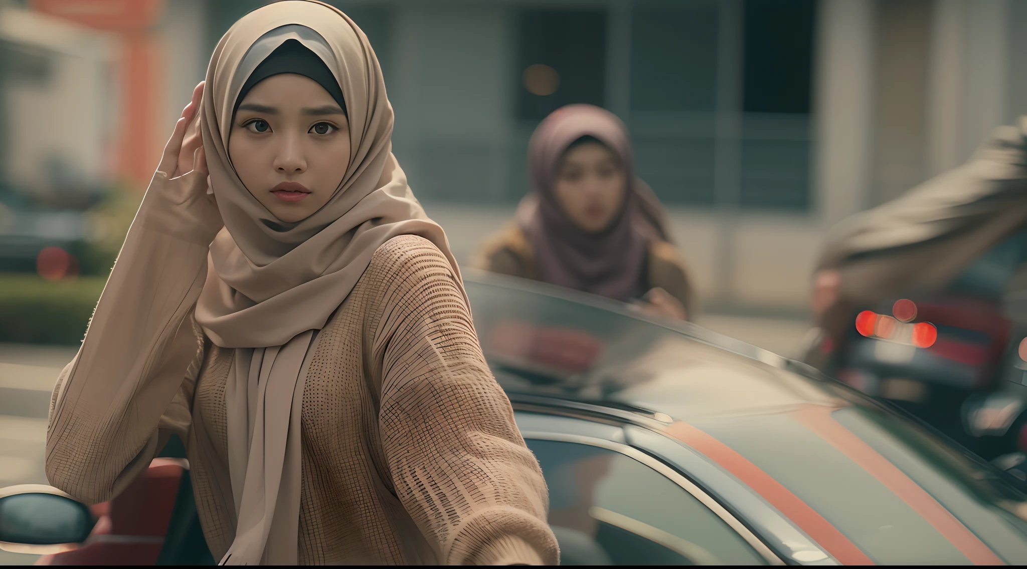 Create a film still from a thrilling car chase scene, featuring a Malay girl in hijab as the skilled driver. Use a wide-angle lens and dynamic camera angles to convey the speed and intensity of the chase, Establishing shot, muted color grading, cinemascope, drama, high quality, ultra detailed, 8k resolution, hyper - realistic photography,