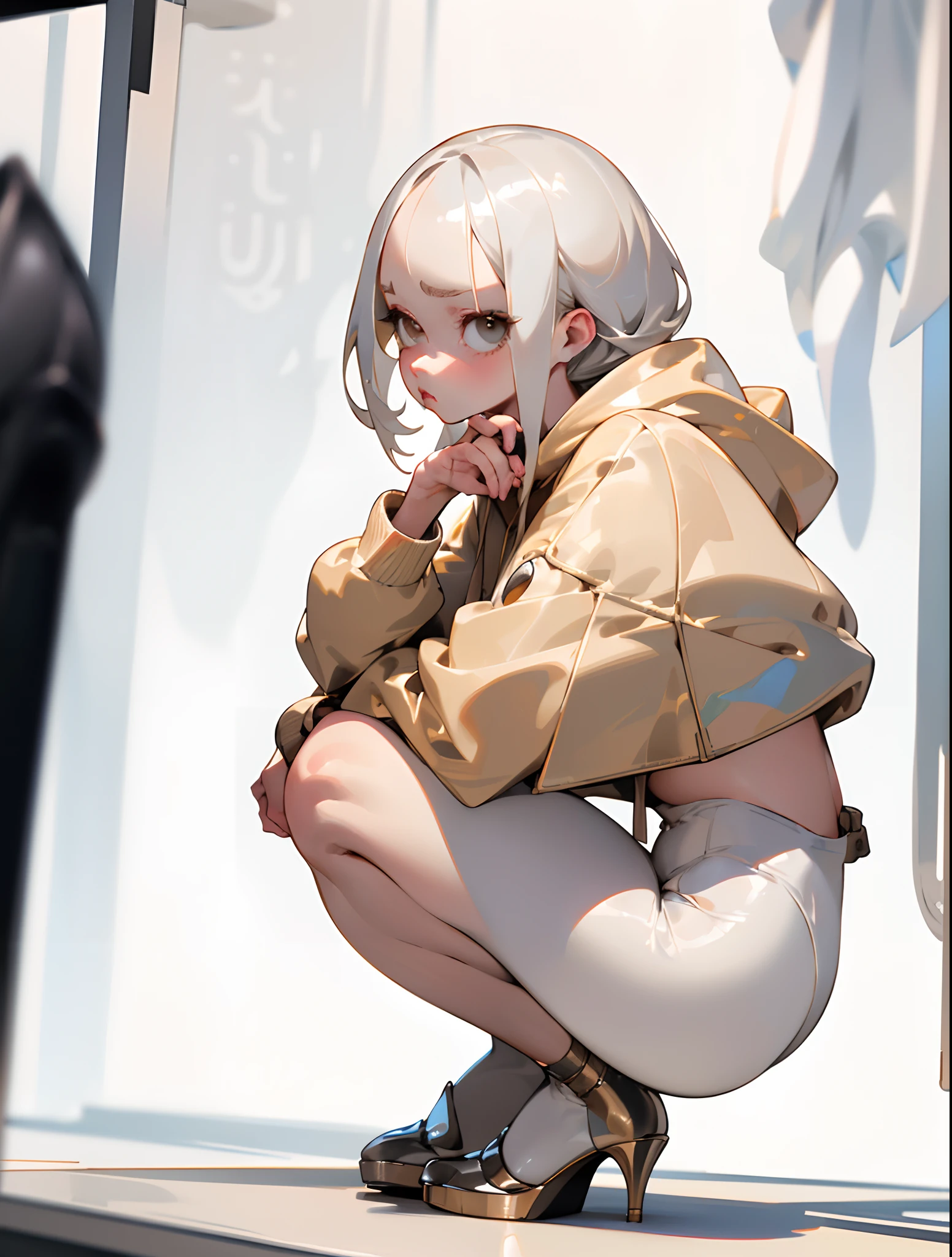 best quality, ultra high res, (photorealistic:1.4), 1girl, beige crop hoody, duckface, solo focus, ((full body), (platinum hair:1), ((puffy eyes)), looking , facing front, squatting, high heels