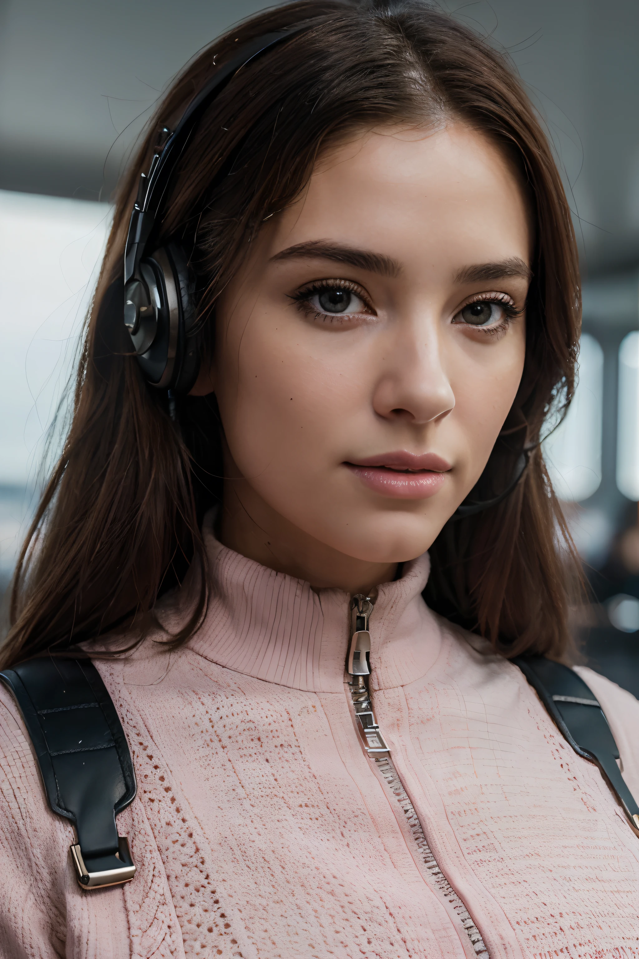 (best quality,4k,8k,highres,masterpiece:1.2),ultra-detailed,(realistic,photorealistic,photo-realistic:1.37),portrait,science fiction pilot,pilot,human,beautiful detailed eyes,beautiful detailed lips,extremely detailed eyes and face,longeyelashes,golden headphones,airport,depth of field,black and red France pink colors,Olivia De Berardinis style