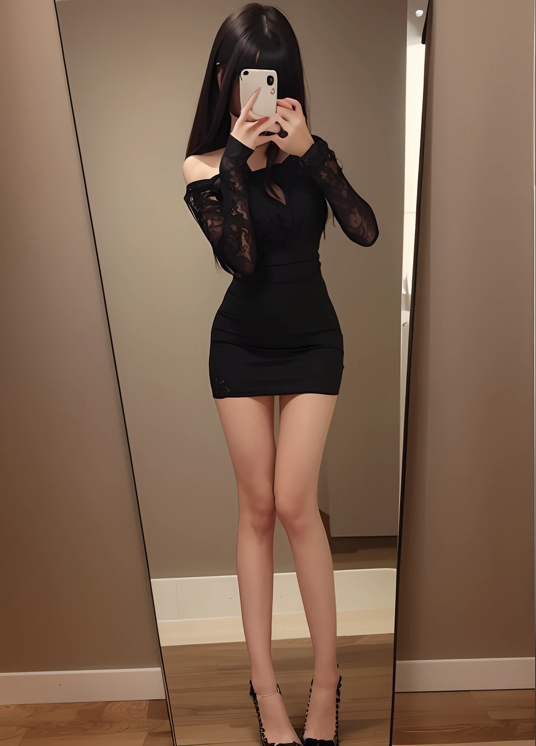 there is a woman that is taking a selfie in a mirror, Full body female, photo of slim girl, 2 4 year old female model, full bodyesbian! Pretty face, Sexy dress, Full body picture, tall thin beautiful goddess, full bodyesbian;, full-body xianxia, Black dress, photo of slim girl model, whole body picture, laced dress, dark black dress
