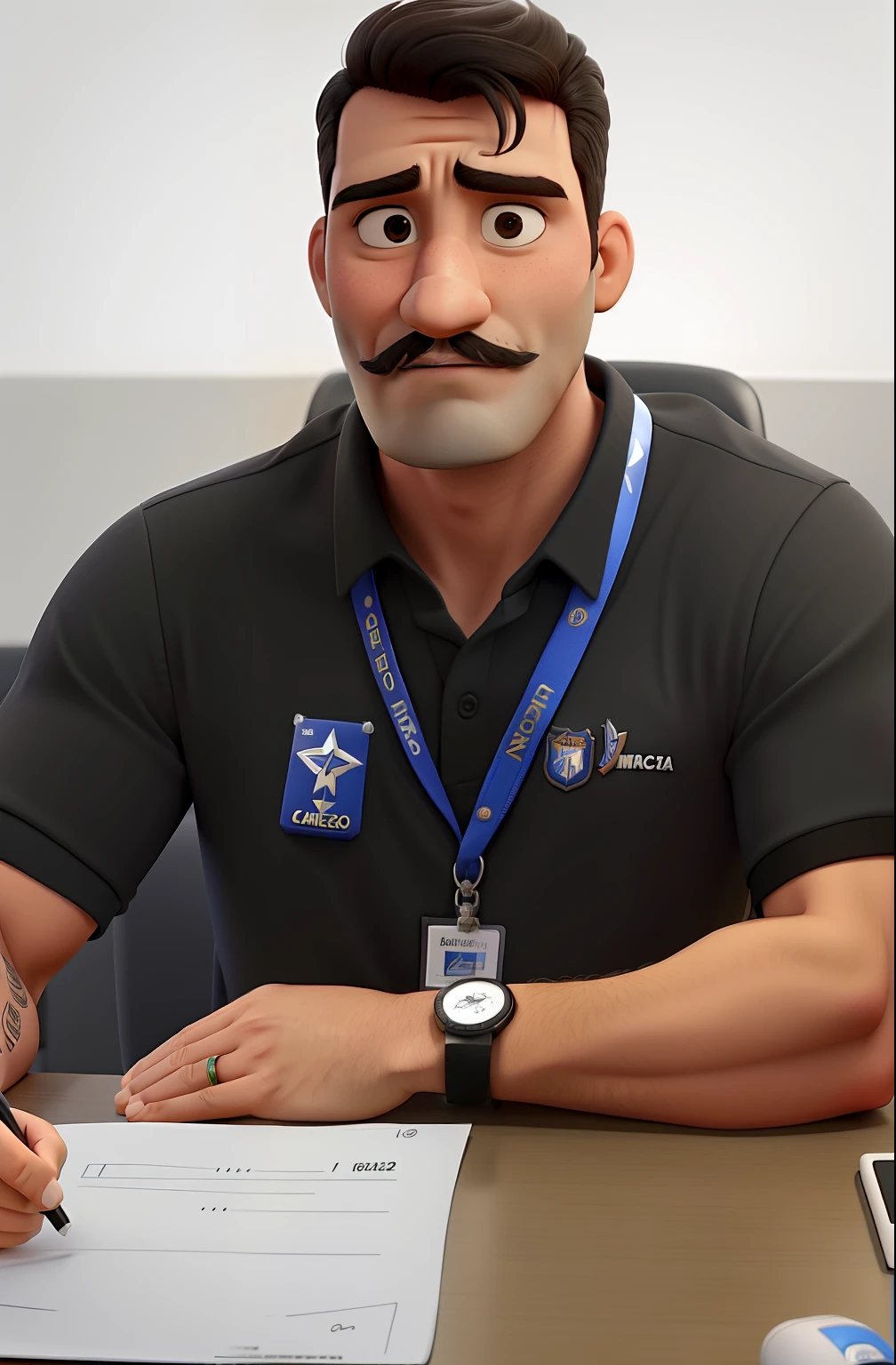 homem sentado, branco, com bigode, cabelo preto, mosculoso, Shirt & Badge
