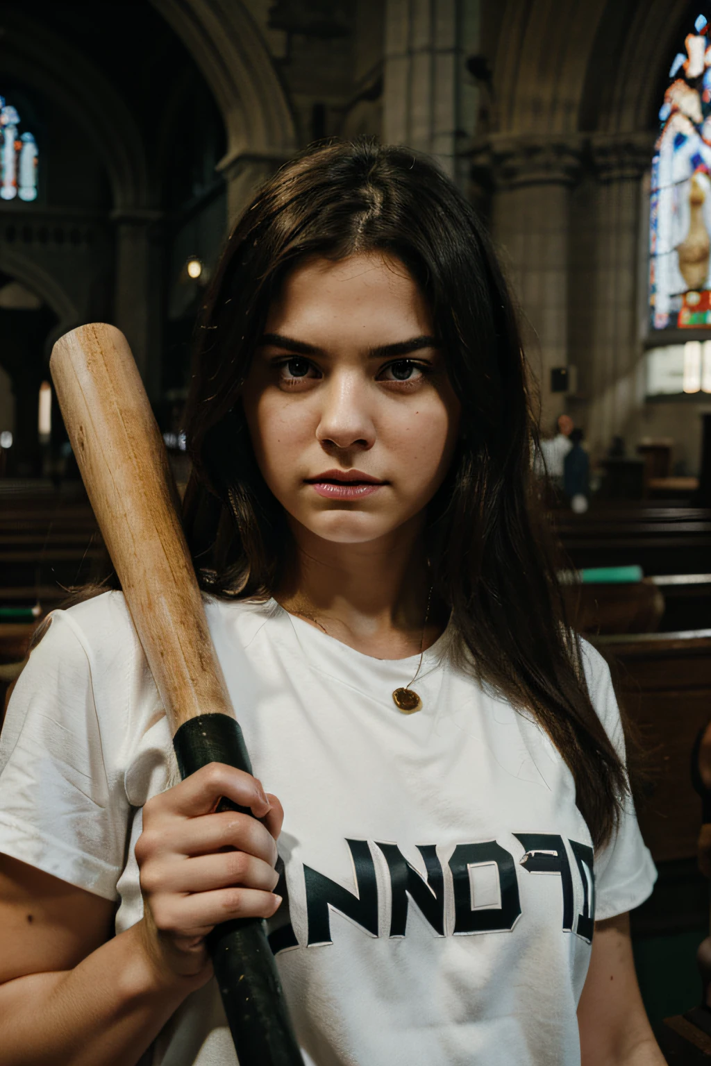 a young angry face in her 20s holding a baseball bat, blurred background of a church, high definition, Cinematic