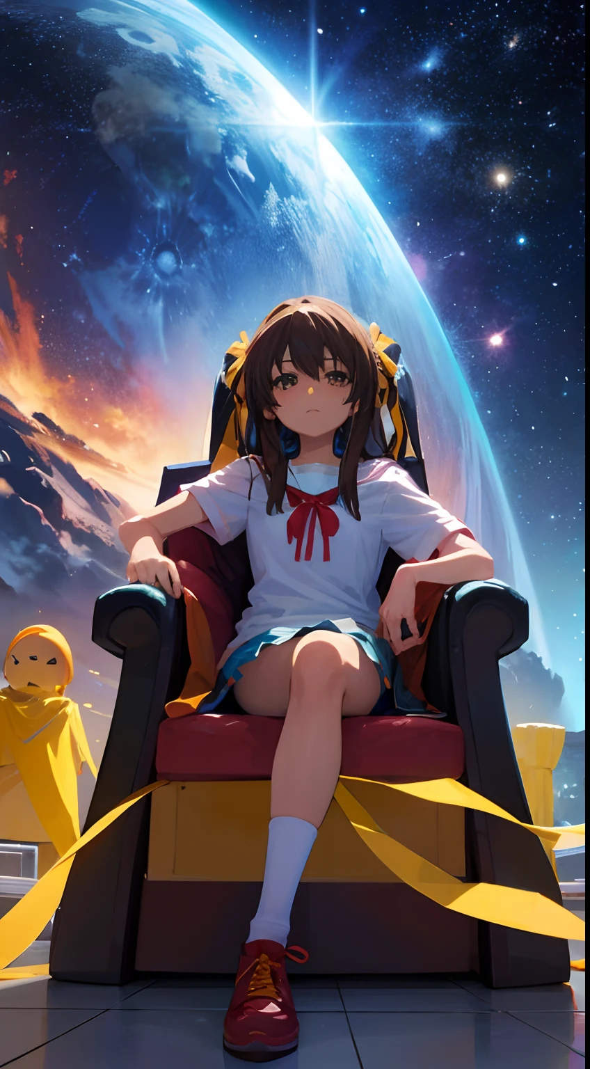 frontage suzumiya haruhi sitting in a throne the background is the universe