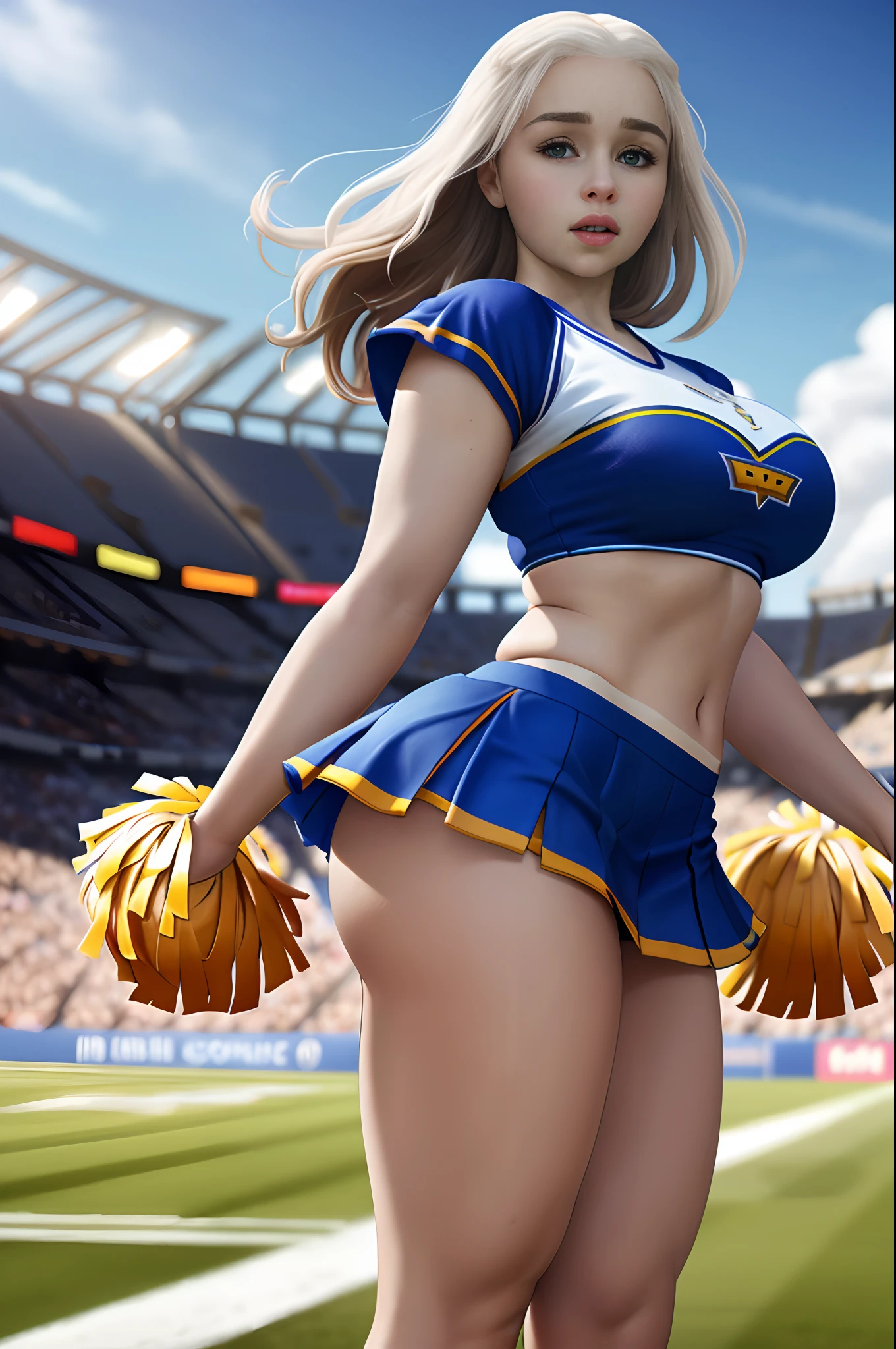 Emilia Clarke, masterpiece quality, realistic, lots of detail, sunny day, cheerleader outfit, pleated miniskirt, super short miniskirt. crop top, in sports stadium, on football field, thin body, big breasts breasts, big butt, hourglass figure,