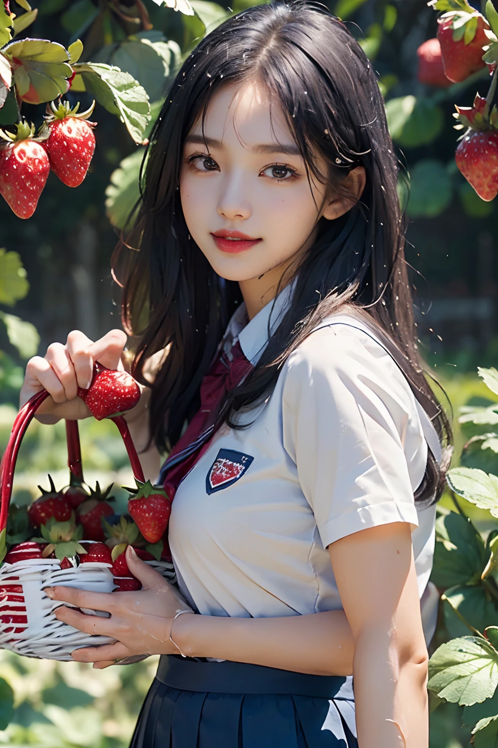 best quality, ultra high res, (1 girl:1.4), solo,(upper body:1.2), (photorealistic:1.4), (pretty teengirl:1.2),big breasts,balck long hair, parted bangs,air bangs, red lips,light_smile,(shot hair), wet, messy_blue hair, stick out,(school uniform:1.4),white shirt with blue collar, blue shorts,(looking at viewer:1.4),(a basket on her forearm:1.4),(picking strawberries:1.4), (strawberry farm:1.4), (rows of plants:1.4), (red berries:1.4), green leaves, sunshine, (baskets:1.2), picking,(pureerosface_v1:0.5)