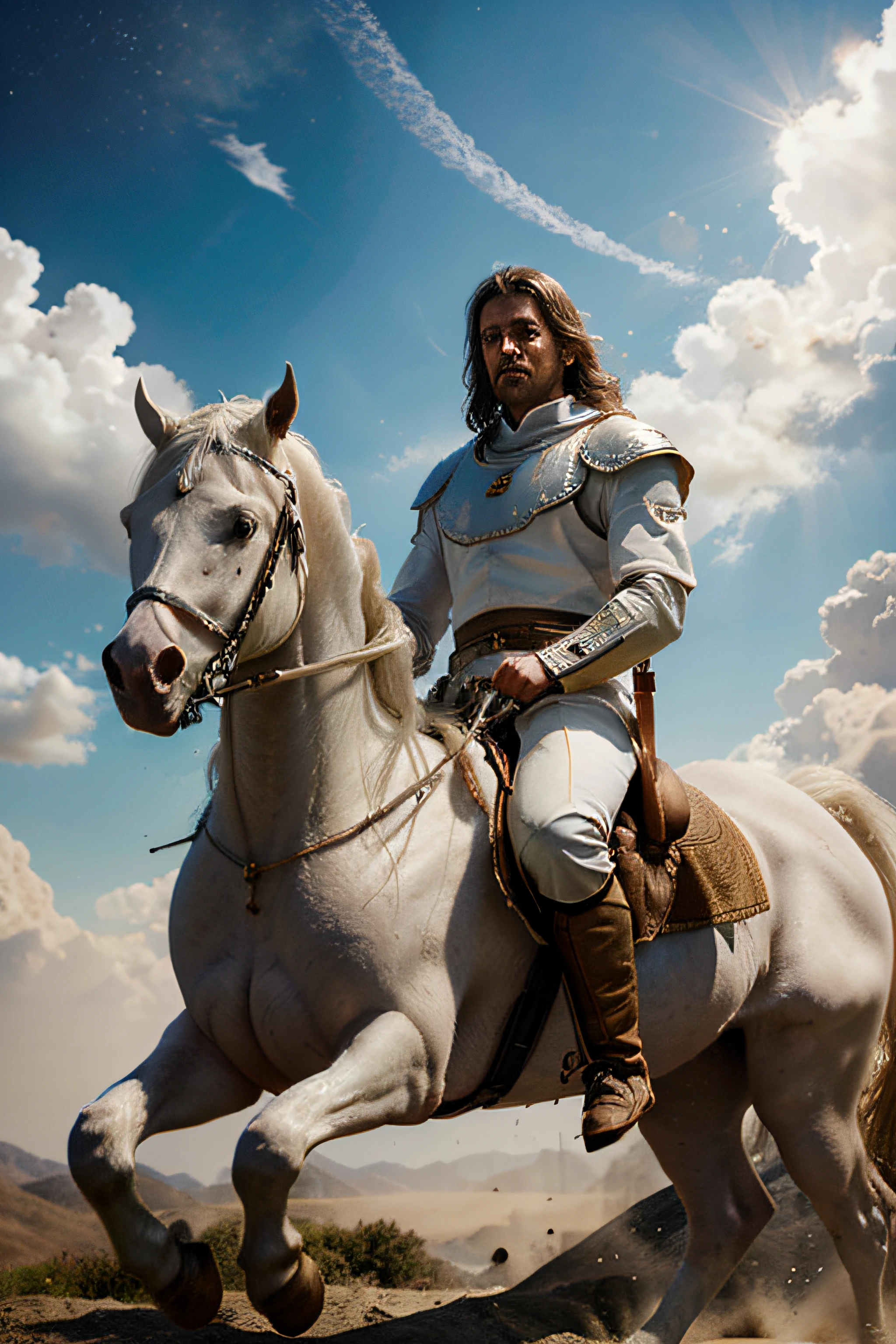 create an image in 4k resolution, of God holding a sword in his left hand and a scale in his right hand, riding a white horse, coming from the front. The background is a large white space with a celestial light