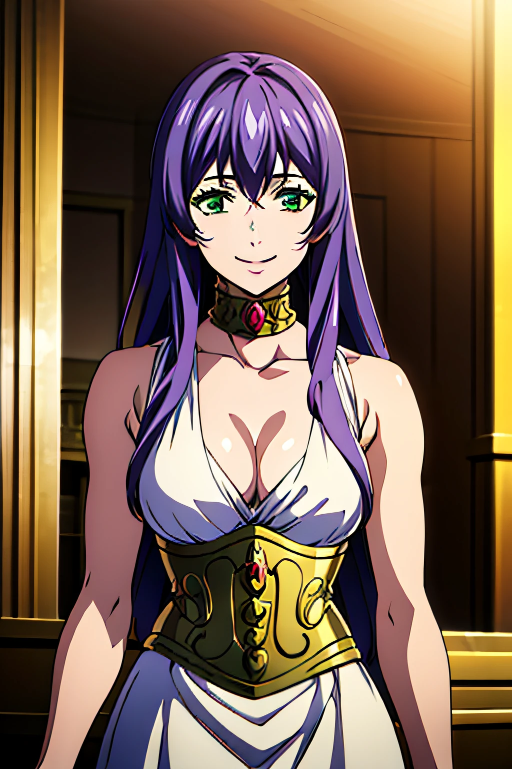 sasha, purple hair, long hair, green eyes, white dress, choker, long dress ,sleeveless, bare shoulder, cleavage, collarbone, golden accesories, corset, 1girl, solo, facing viewer, looking at viewer, upper body, smile.