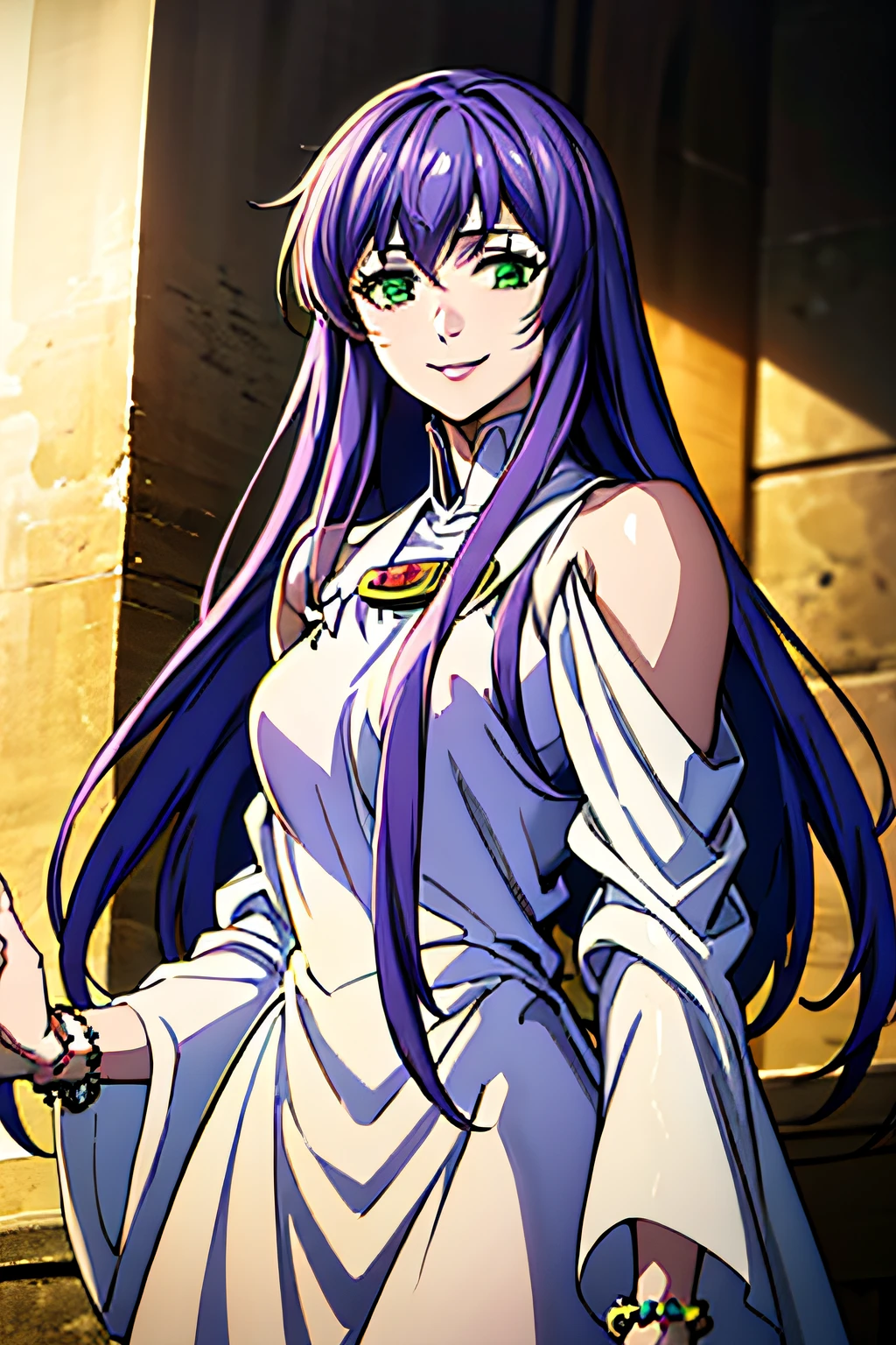 sasha, purple hair, long hair, green eyes, white dress, wide sleeves, bare shoulder, long sleeves, long dress, jewelry, bracelet, clothing cutout, shoulder cutout, 1girl, solo, facing viewer, looking at viewer, upper body, smile.