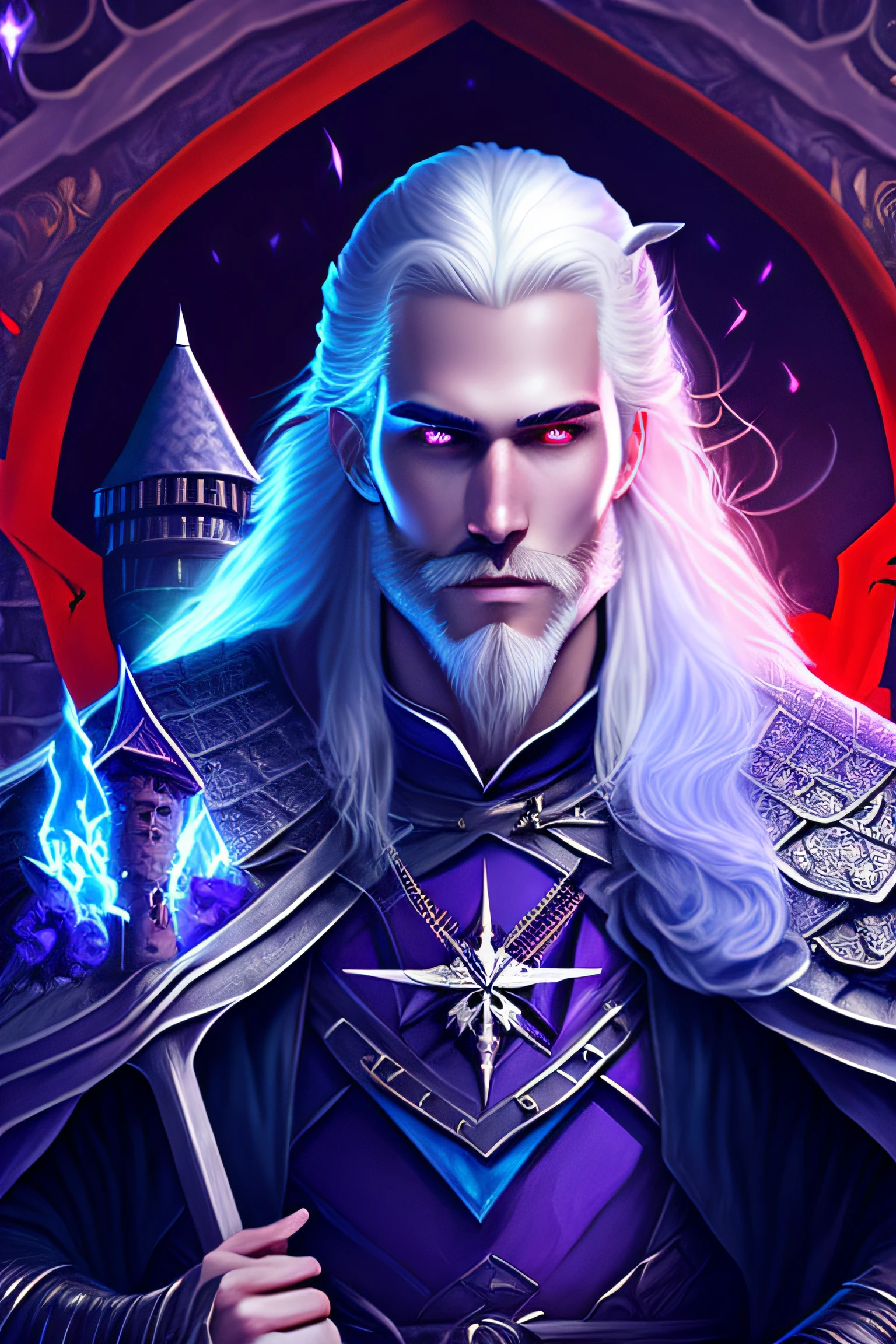 his man is a witcher, with long white hair, and long white beard, blue eyes, in the hand a magic wand , the clothes colors are Black and white, backround is dark purple with pentagram symbols and inside a castle. behind him is a big red Dragon. Magic Hands.