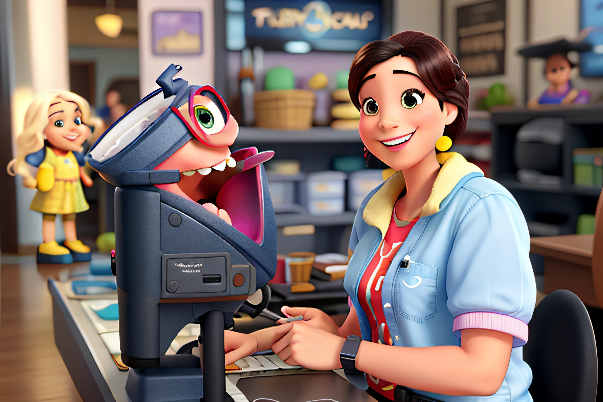 Crie uma imagem de uma mulher sorrindo estilo pixar disney