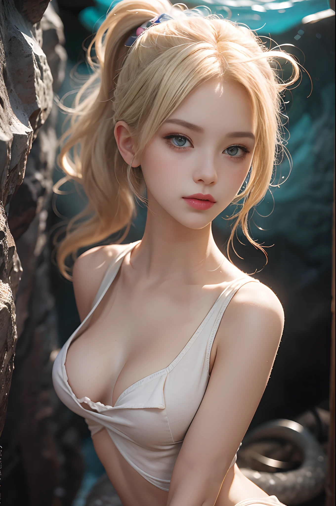 (Full-Body) (Full-Body) nue 18-year-old Caucasian female, wavy platinum blonde ponytail, the most beautiful face in the world, the most beautiful body in the world, looking straight at camera. She's in a deep large cavern with ambient lighting