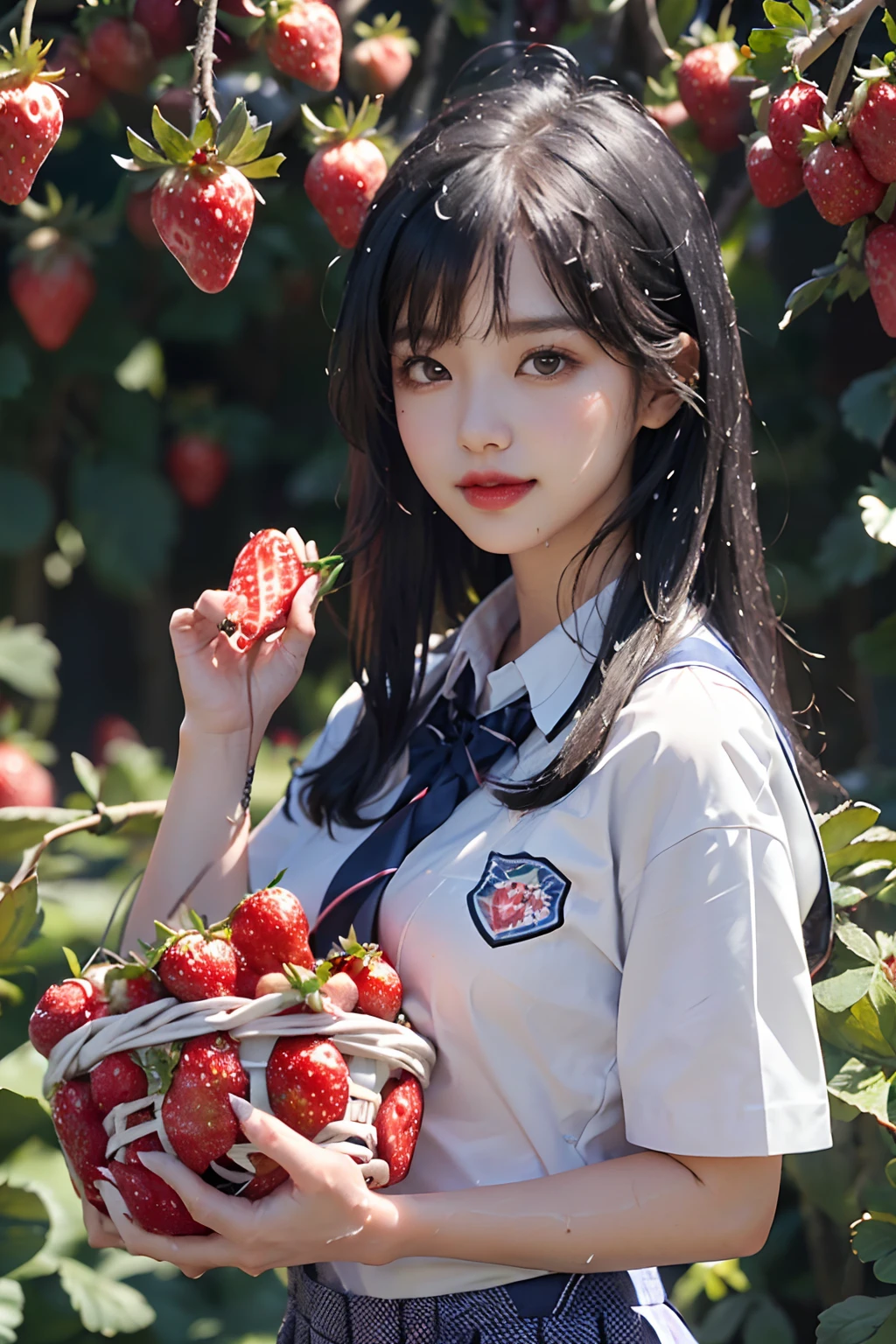 best quality, ultra high res, (1 girl:1.4), solo,(upper body:1.2), (photorealistic:1.4), (pretty girl:1.2),big breasts,balck long hair, parted bangs,air bangs, red lips,light_smile,(shot hair), wet, messy_blue hair, stick out,(school uniform:1.4),white shirt with blue collar, blue shorts,(looking at viewer:1.4),(a basket on her forearm:1.4),(picking strawberries:1.4), (strawberry farm:1.4), (rows of plants:1.4), (red berries:1.4), green leaves, sunshine, (baskets:1.2), picking,(pureerosface_v1:0.5)