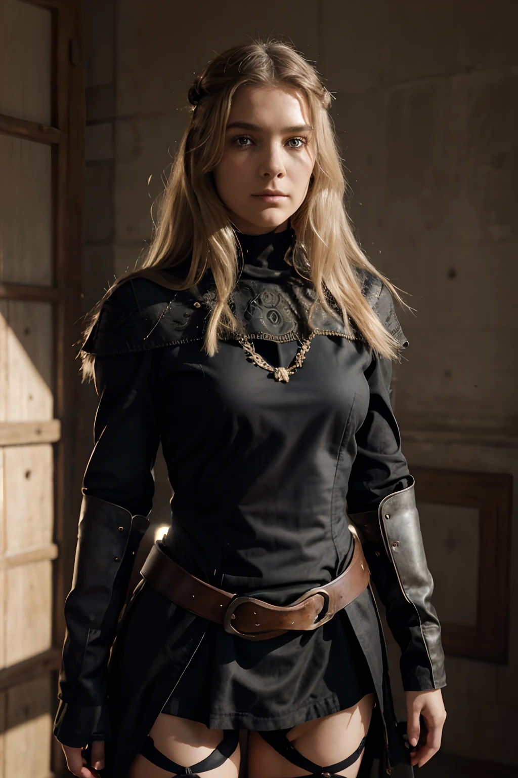 Grand femme viking, Armure détaillée, cuirasse en cuir gravé ancien, des motifs complexes sur la cuirasse, gravures complexes de cuirasse, Posture imposante et puissante, expression féroce, crinière sauvage blonde tressée cheveux et barbe, pose dynamique, Scène de bataille intense, Cadre fantastique, couleurs éclatantes, éclairage dramatique, Ambiance épique, Des créatures mythiques en arrière-plan, Épée et bouclier viking, Attention à l’anatomie et aux traits du visage, Utilisation iconique des hautes lumières et des ombres, Capturer l’émotion, Composition magistrale