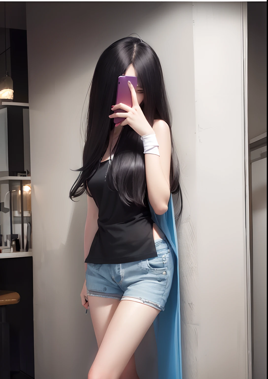 Arafi woman with long hair standing in front of the wall holding a mobile phone, wearing a camisole and shorts, photo of slim girl, photo of slim girl model, outfit photograph, 2 4 year old female model, Wearing a vest, dressed in a top and shorts, slender girl, Anime girl in real life, wearing a vest and shorts