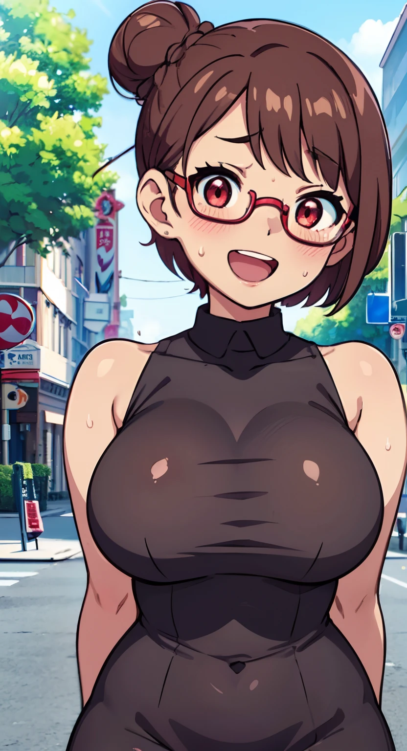 (Perfect body),Best Quality,(8K Portrait),(Official art)、(NSFW)、((Brown-skinned))、Red-rimmed glasses、embarrassed from、1girl in,(((:D)))、Wavy mouth、Surprised、(blush),(Sweat),(((large udder)))、(thick thighs)、(big butts)、(Dark hair),Blunt bangs,(The hair is tied in a bun at the back)、((((Short hair))))、Sleeveless white shirt、Black Pencil Skirt、pink earring、 (Red Eyes)、In the street、Armpits、