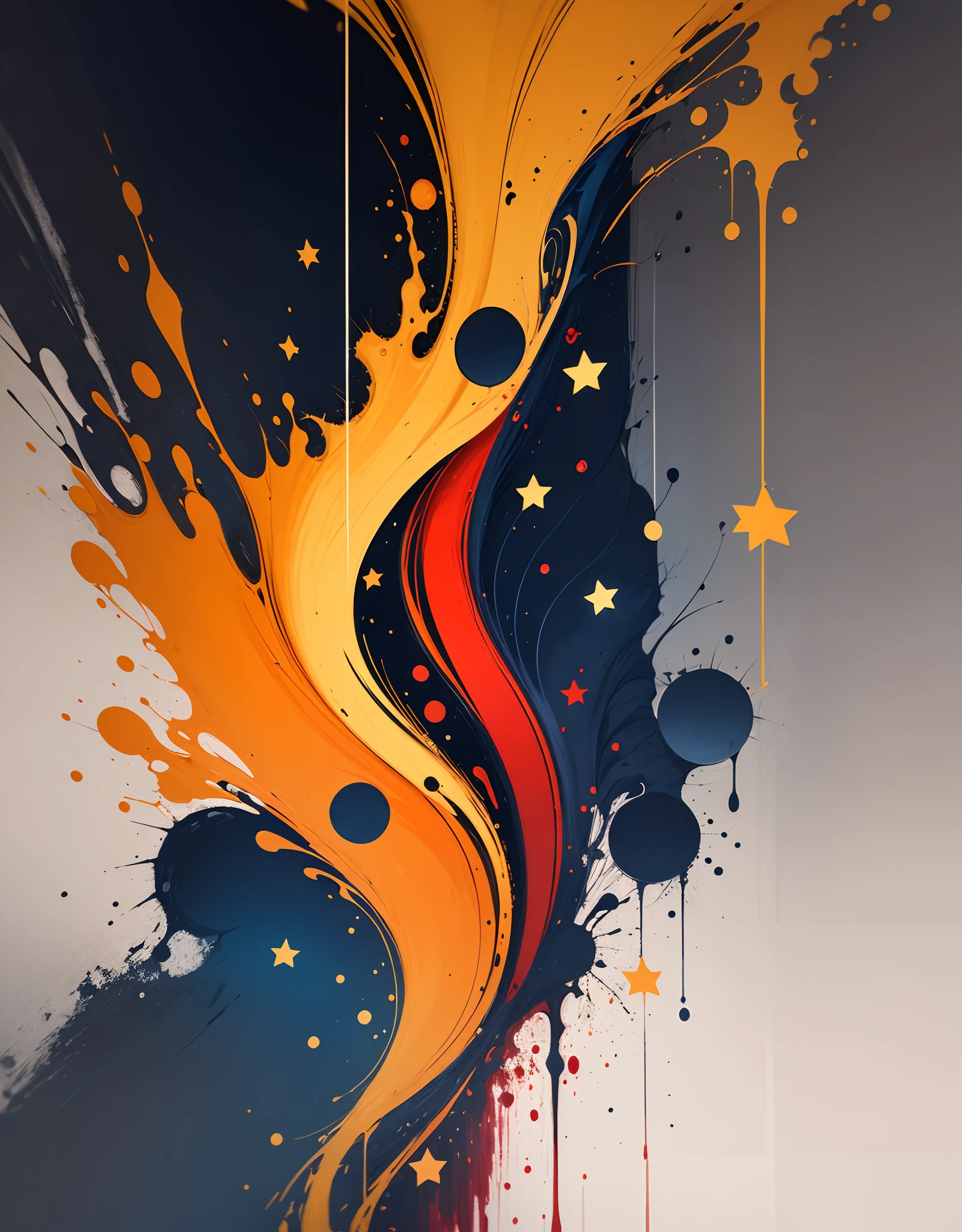abstract painting, star with navy blue,grey,orange,black,red,yellow
