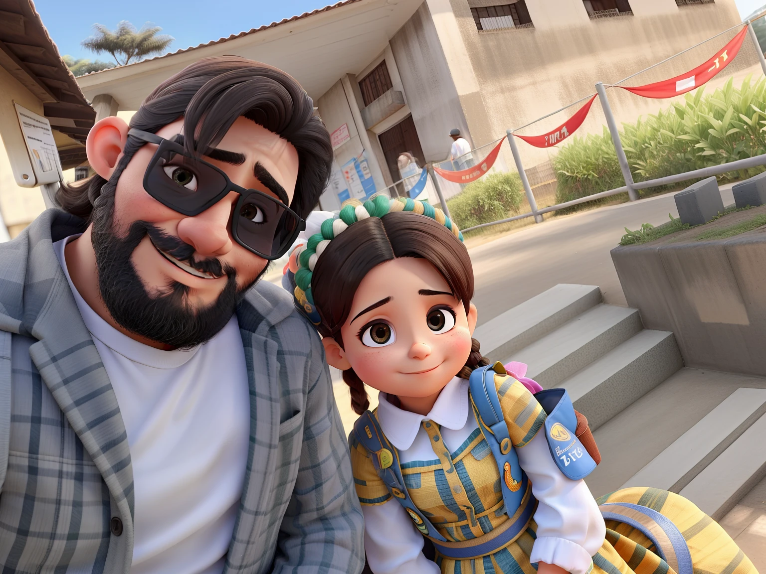 Um pai e uma filha sentados em frente a fogueira