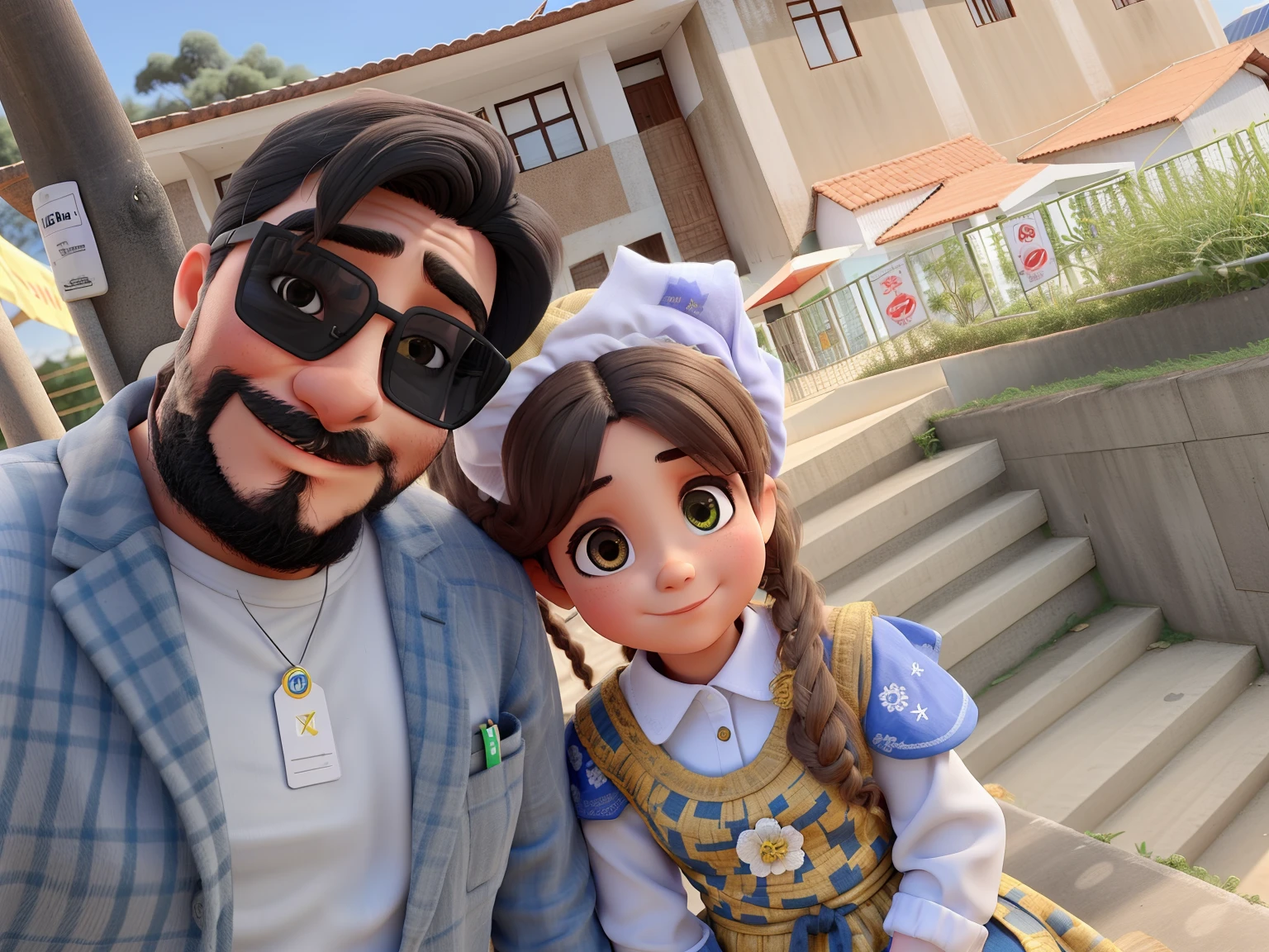 Um pai e uma filha sentados em frente a fogueira
