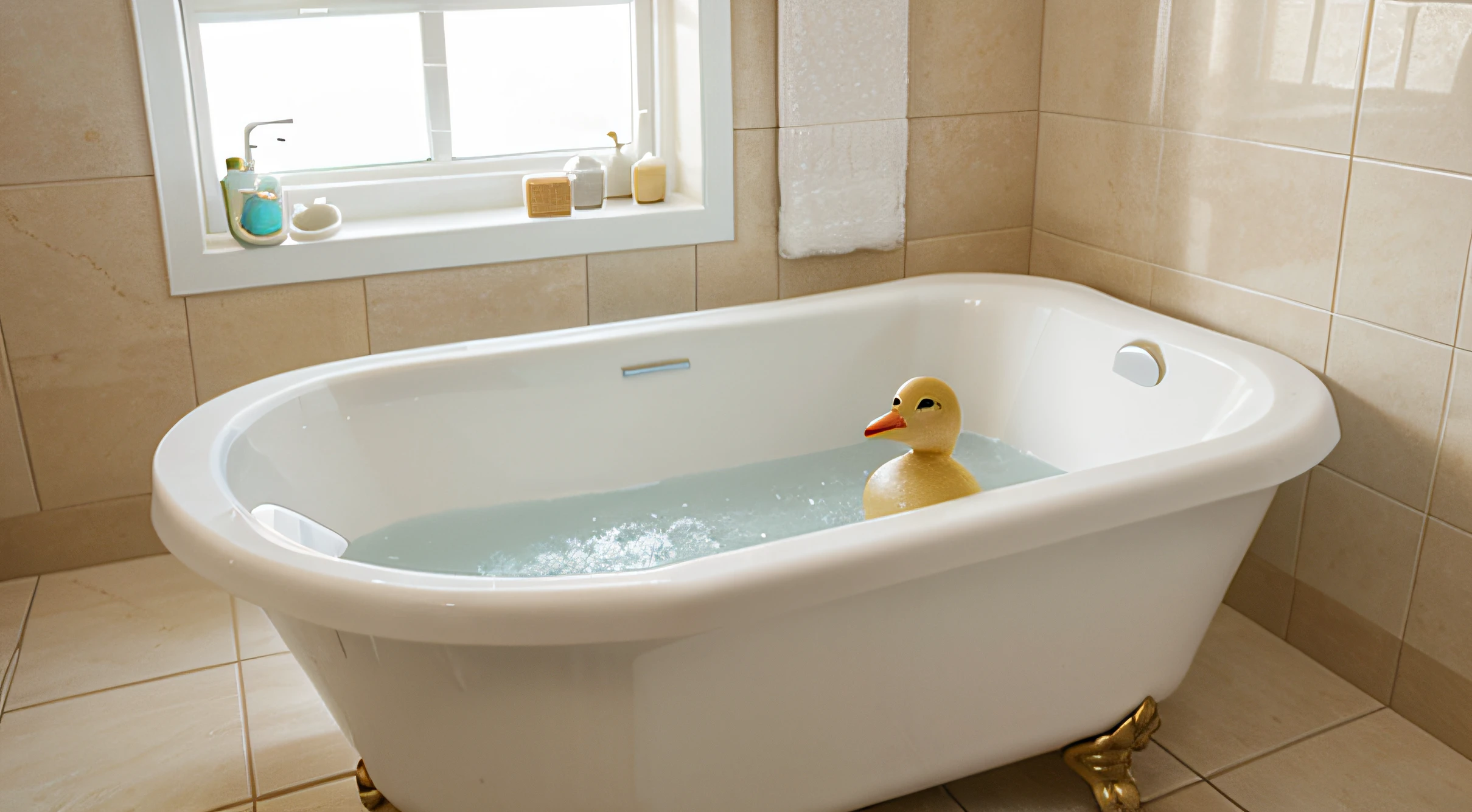 bathtub, full of water, with a plastic toy-duck in it