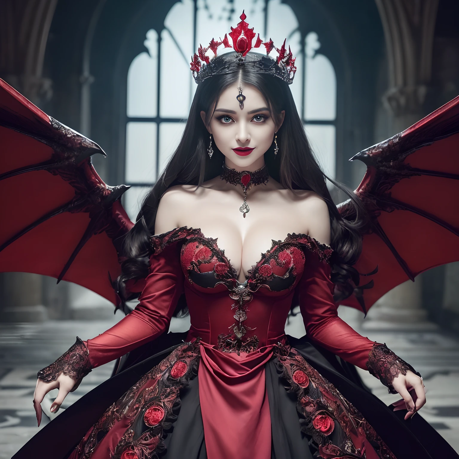 ((((With giant demon wings,Incredibly huge and evil wings,Realistic wings,Realistic demon giant wings,Giant Devil's Wings,Intricate details of the wings,Detailed and intricate demon wings,Spread your wings too far and become too huge,Spread huge wings,The most massive devil's wings)))),(((facing front,Blood Red Lip,Evil makeup,Evil beauty, Interior of a glamorous and opulent castle,Highly complex castle interiors))),(Evil Queen, Medieval dresses,Princess of the Japan),((((((Her eyes glow red,Her eyes glow bright red)))))),((facing front,Black Dress,Facing this way,Dark hair, Glowing red eyes,long,Photo from the waist up)), ((Wicked and ornate European castles, Castles in medieval Europe,Magical atmosphere,Walk inside the castle,Detailed backgrounds,Detailed castle interiors,bewitching, Spooky and beautiful demons, Sexy Devil Princess, ssmile,Perfect gas chamber,Bewitching sexy smile,castle at night,Rape and evil night castle,Spooky makeup,Castle lit up,Dresses with intricate decorations, Intricate tiara,Dresses in black tones, Dresses with intricate decorations,large full breasts,Evil Patterns, Evil decoration, ruby decoration, Evil and beautiful makeup, Artistic Design Choker, Evil pattern decoration, Shining crown, Finest necklaces, artistic décor, Princess Dresses, Dresses with lots of jewelry, Chest that seems to burst,Dresses with a narrow waist,A dress that tightens the waist,Luxury beyond imagination)), The most realistic, the complex background, Highly detailed and realistic backgrounds, Great for looking at the camera, White teeth, perfect teeth, A detailed face, Quality and beautiful face, Clear and beautiful face, Highest Quality, 8K, SLR Camera Photography