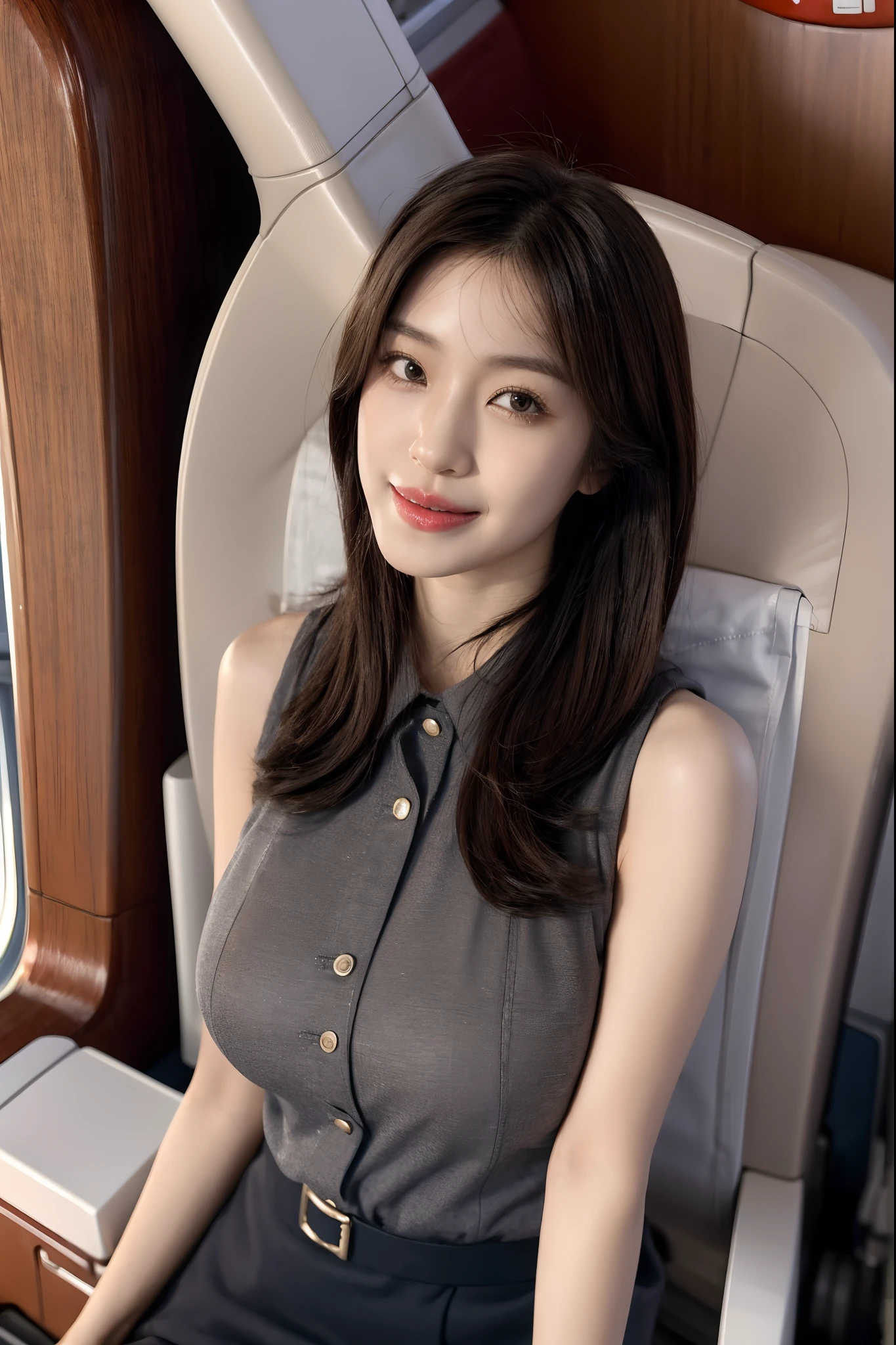 1Japanese female, Solo, 40 years, (cabin attendant uniform:1.3), smile, (fluffy brown eyes), (beautiful Face), (Black short hair), huge breasts, (Detailed face), Detailed lips, Detailed face, Detailed chest, detail, Perfect body, Standing, cowboy shot, ((background: in Japanese airline airplane)), 8K, of the highest quality, Intricate details, Ultra Detail, Ultra High Resolution, masterpiece,