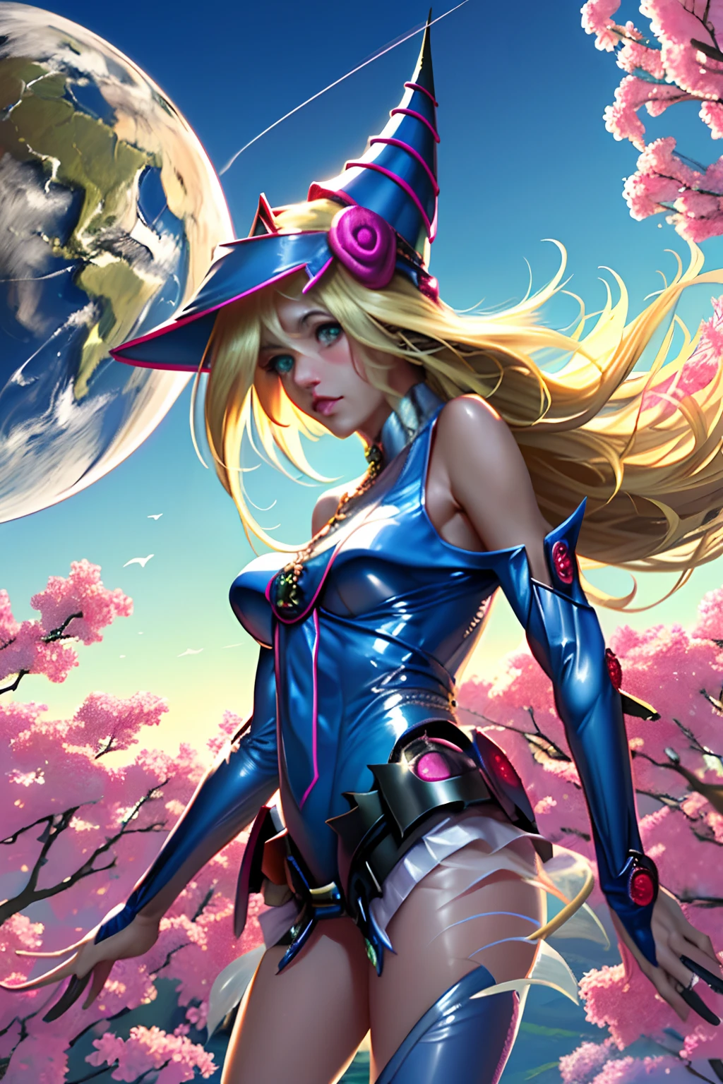 Dark magician gils ((mejor calidad)), ((obra maestra)), (detallada), rubia, smal boobs, smal boobs, seductive succubus, Ethereal Beauty, Perched on a pink flowering tree, (Fantasy Illustration: 1.3), mirada encantadora, cautivadora pose, chica dark magician gils sola, delicadas alas de mariposa, encanto de otro mundo, mystical sky, (Luis Royo:1.2), (Yoshitaka Amano:1.1), Moonlit morning, colores suaves, (nubes detalladas:1.3), (high resolusion:1.2) ( dragon flying in the sky) vestido, piernas colgando sobre el estanque, diosa griega, realista, realismo, cuerpo sexy, Desert Landscape