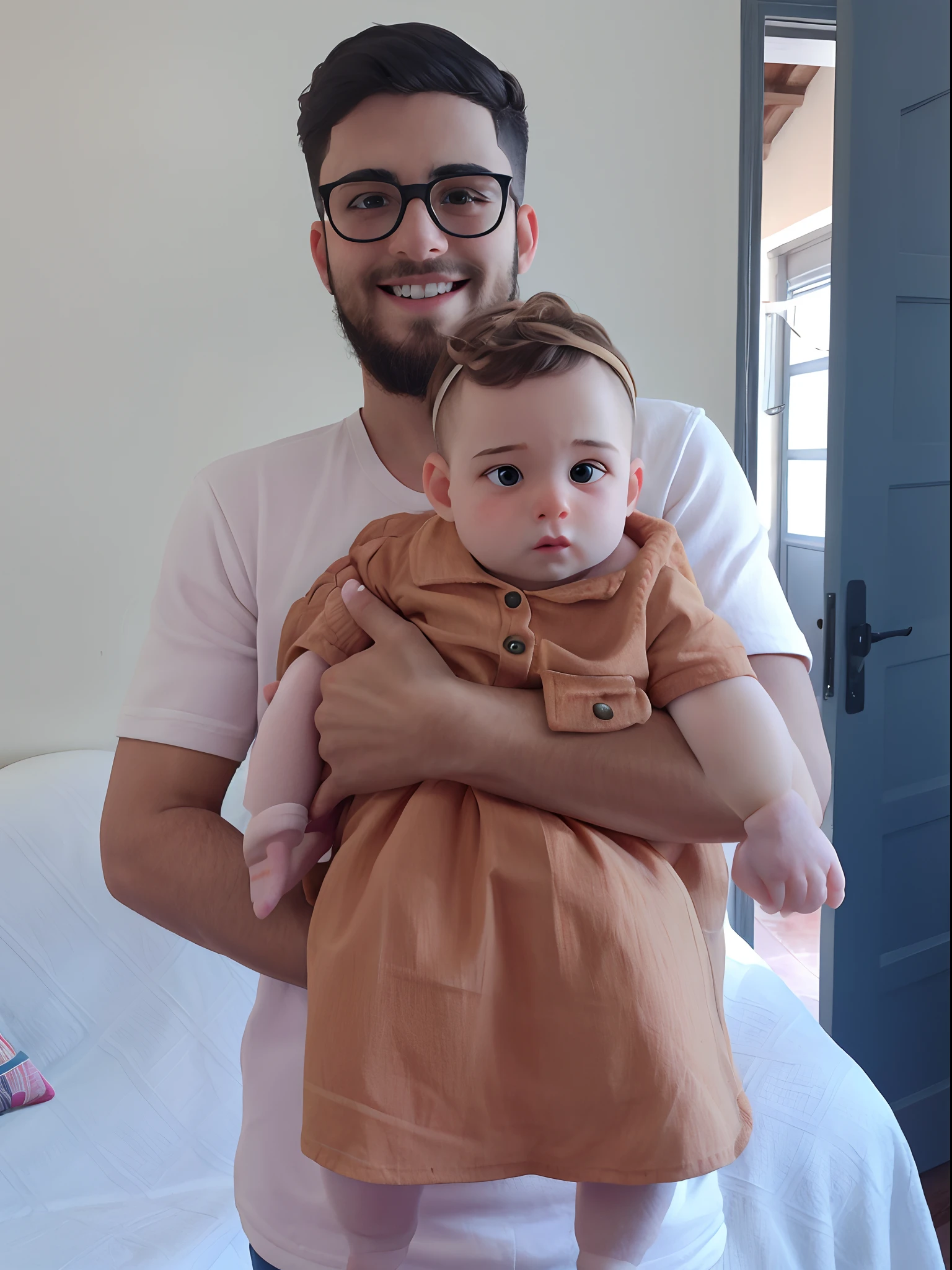 Man with beard and glasses holding a 6 month old baby in his arms,