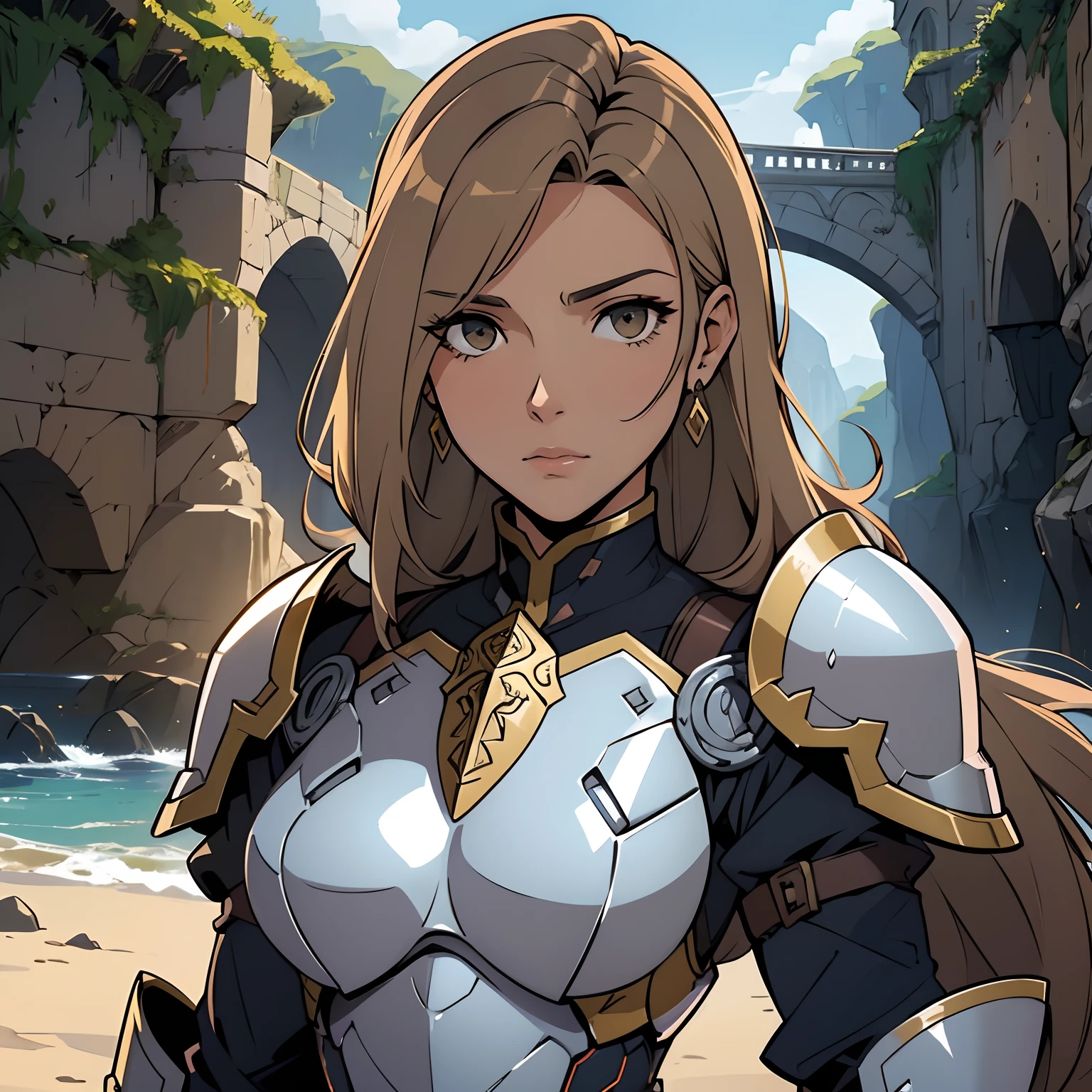 image of a woman knight in armor standing in front of a bridge, gorgeous female paladin, de uma bela cavaleiro feminina, cavaleiro feminino bonito, cushart krenz arte chave feminina, cavaleiro feminino, Retrato do Paladino Feminino, arte de personagem impressionante, retrato cavaleiro feminino, female paladin, epic exquisite character art, menina na armadura do cavaleiro, Menina da armadura, dinamic pose, melhor qualidade, obra prima