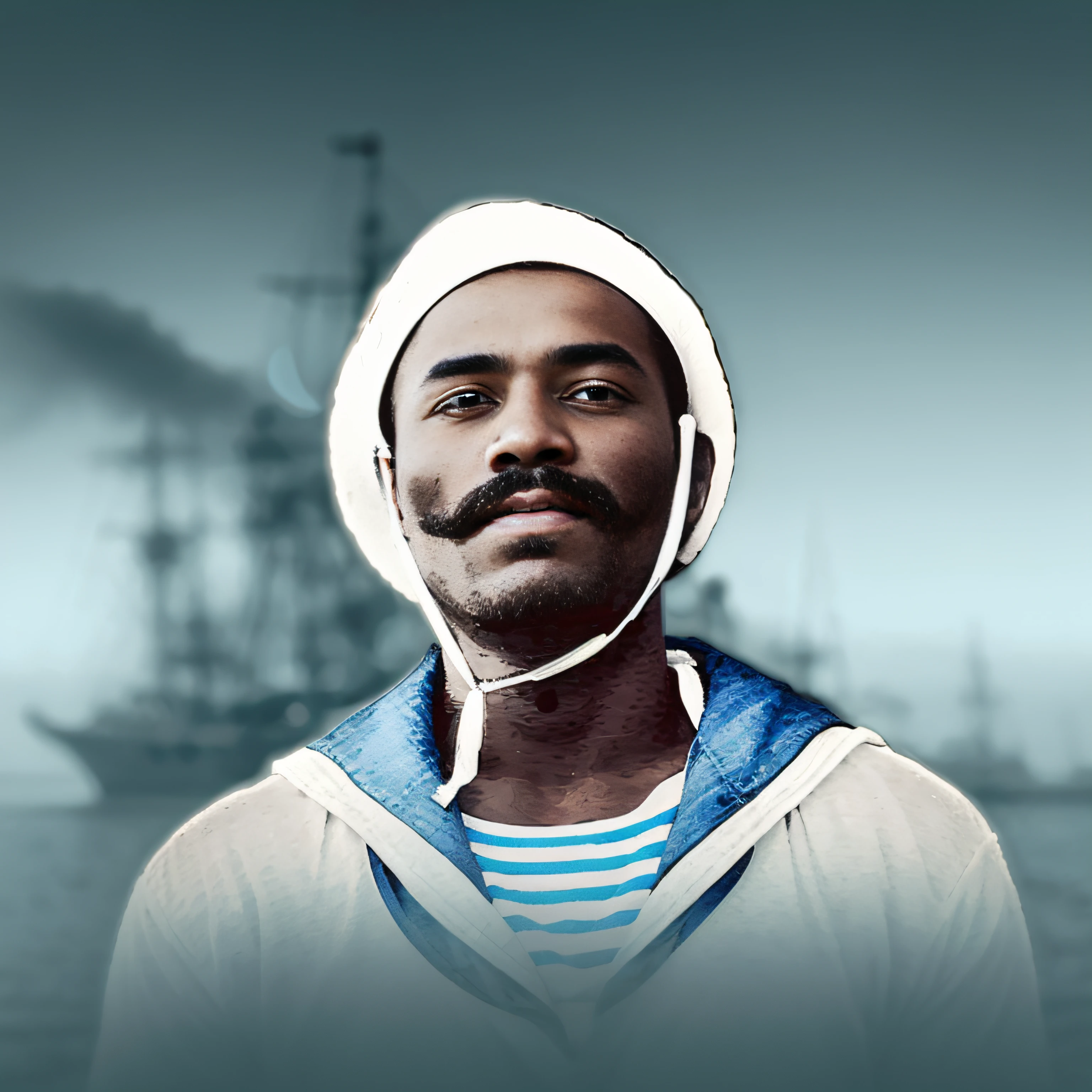 There's a black man in sailor clothes and a mustache, usando uma blusa azul e branco listrada.