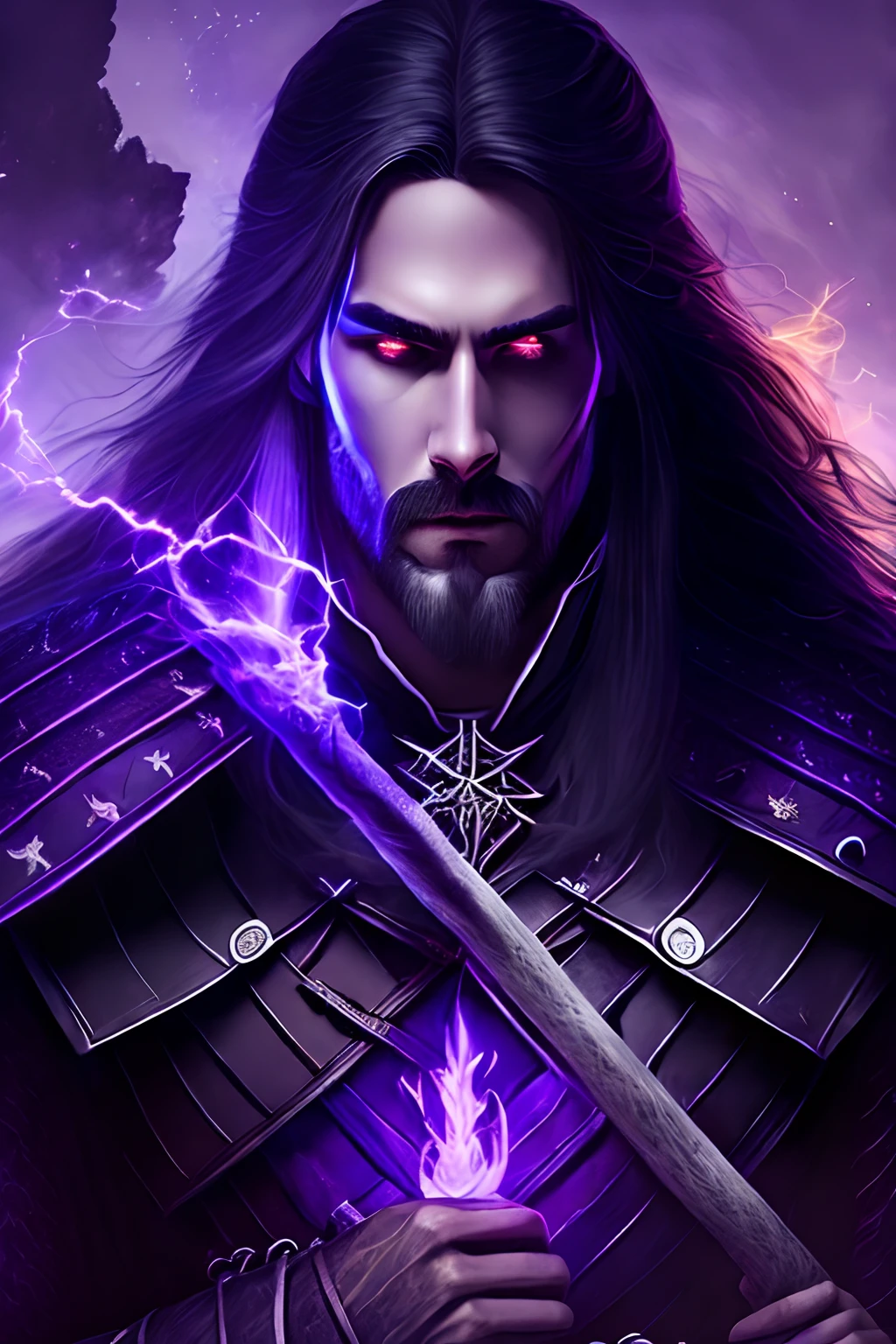 his man is a witcher, with long black hair, and long black beard, thunder eyes, in the hand a magic wand , the clothes colors are Black and white, backround is dark purple with pentagram symbols and brocken castle. Magic Hands.