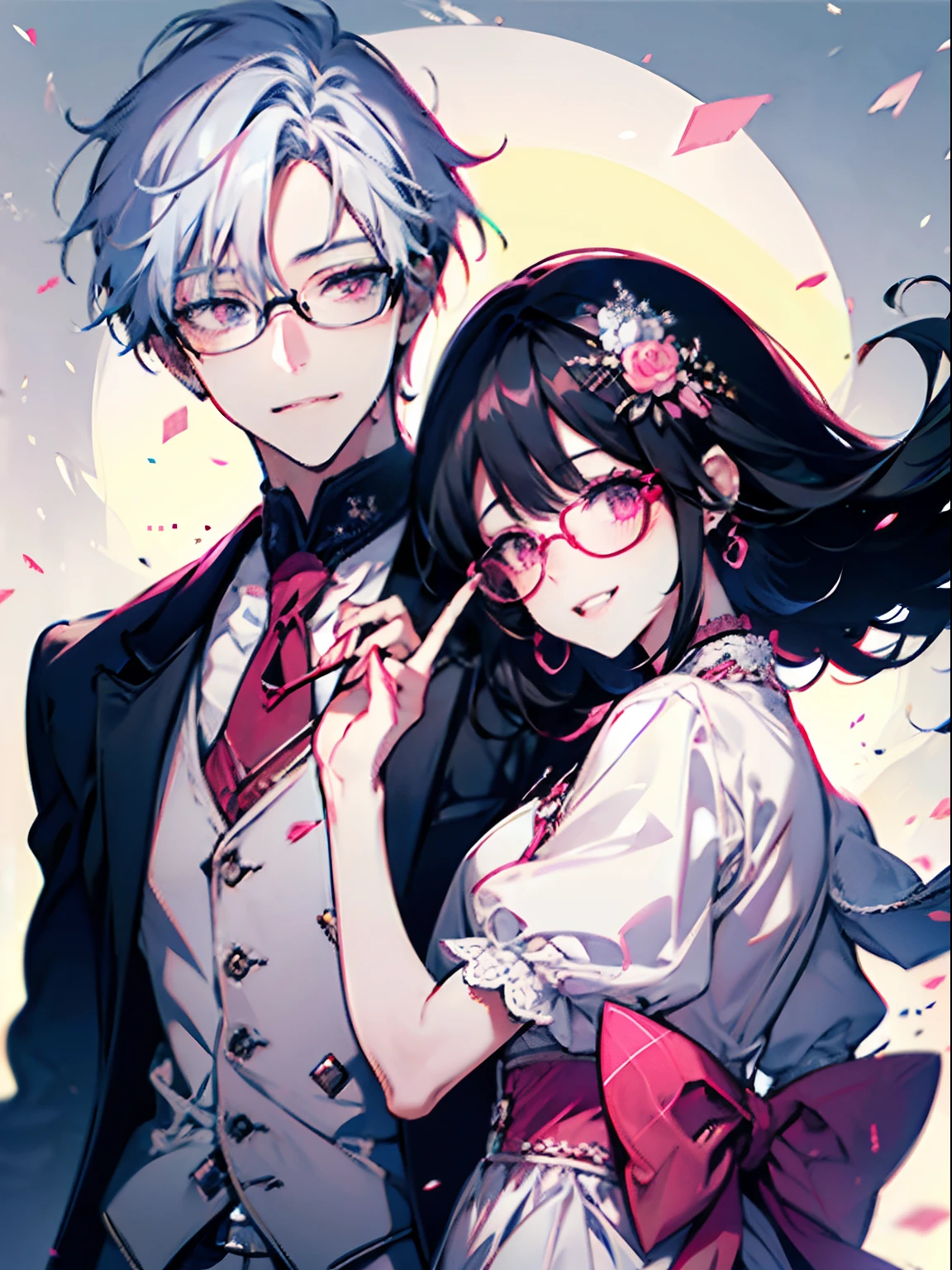 1 male 1 female couple. Girl black hair hime cut pink eyes. Male white silver hair. Girl cute glasses. Man smart glasses. bridal carry in hand pose. Cute couple. Smiling each other. Lovey dovey. Staring each other