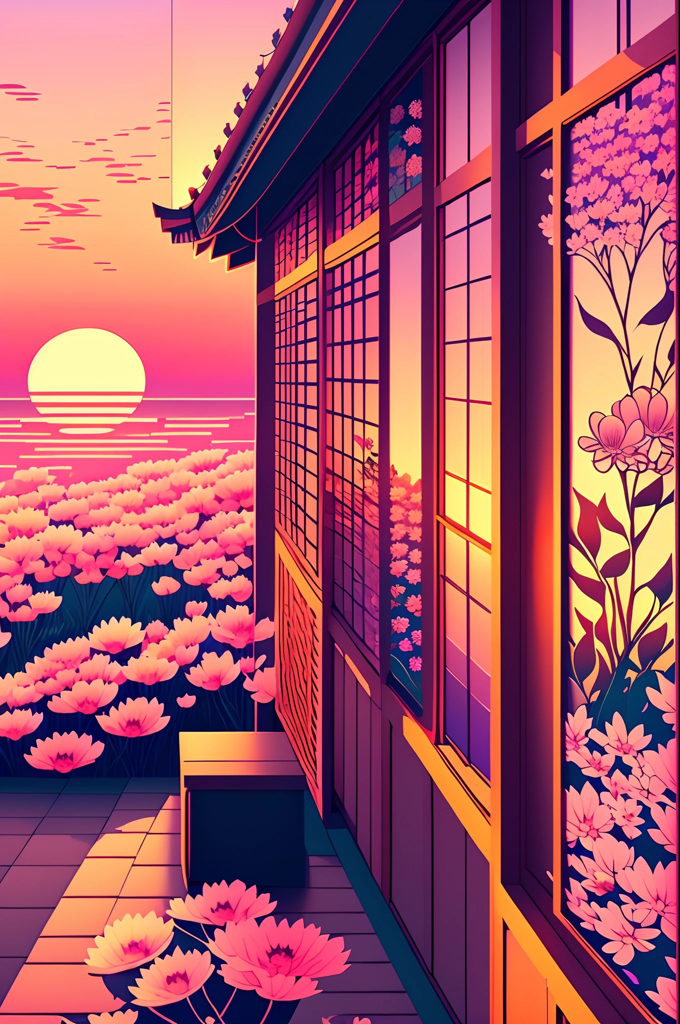 make a japonese background with lo-fi art and beautiful flowers around the sunset. Note: this is one wallpaper to the mobile phone. The image need to be 3D and the quality of the image need to be 4K. --auto --s2