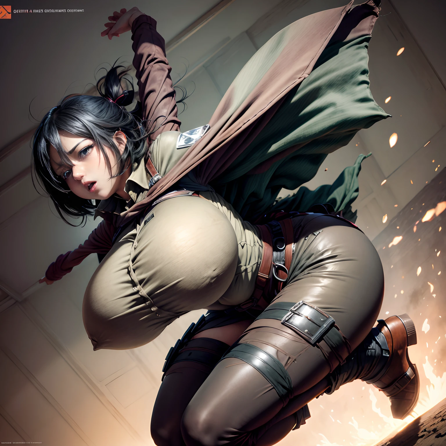 Mikasa's Attack on Titan, dynamic pose, Medium air with ODM equipment in action, gigantic breasts,giga_busty,