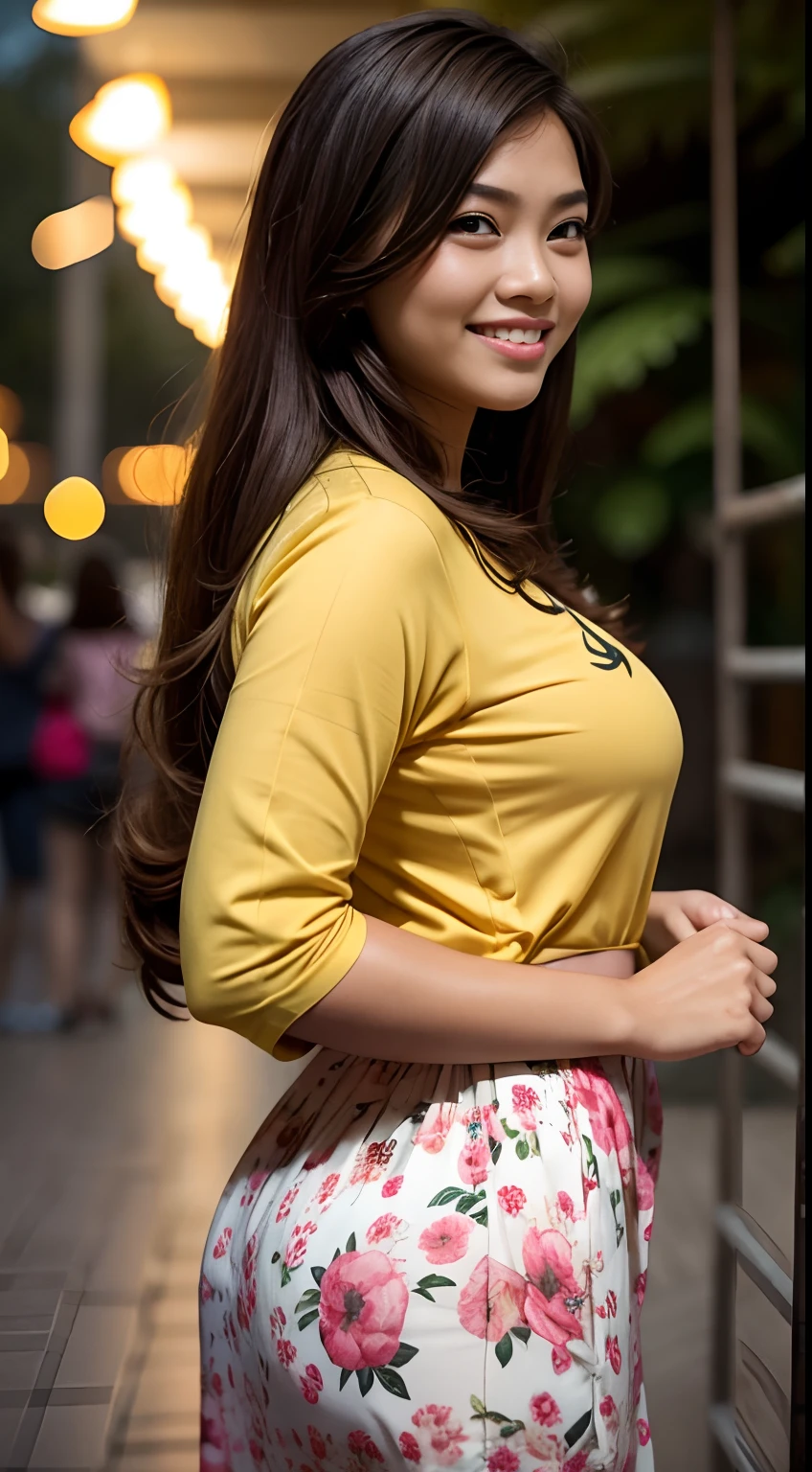 Malay girl wear small floral baju kurung malaysia in college,big breast, long golden brown hair, wavy hair, detail skin, detail skin texture, mole below eyes,big hip, big waist, big round ass, big thigh, slim abs, beautiful body, nighttime, laughing, happy, bright lighting, college student in background, crowded college, blur background, bokeh,, realistic,sweat skin, wet clothes, wet body, big breast, ((full body))soaked, dripping, smiling at viewer, closeup