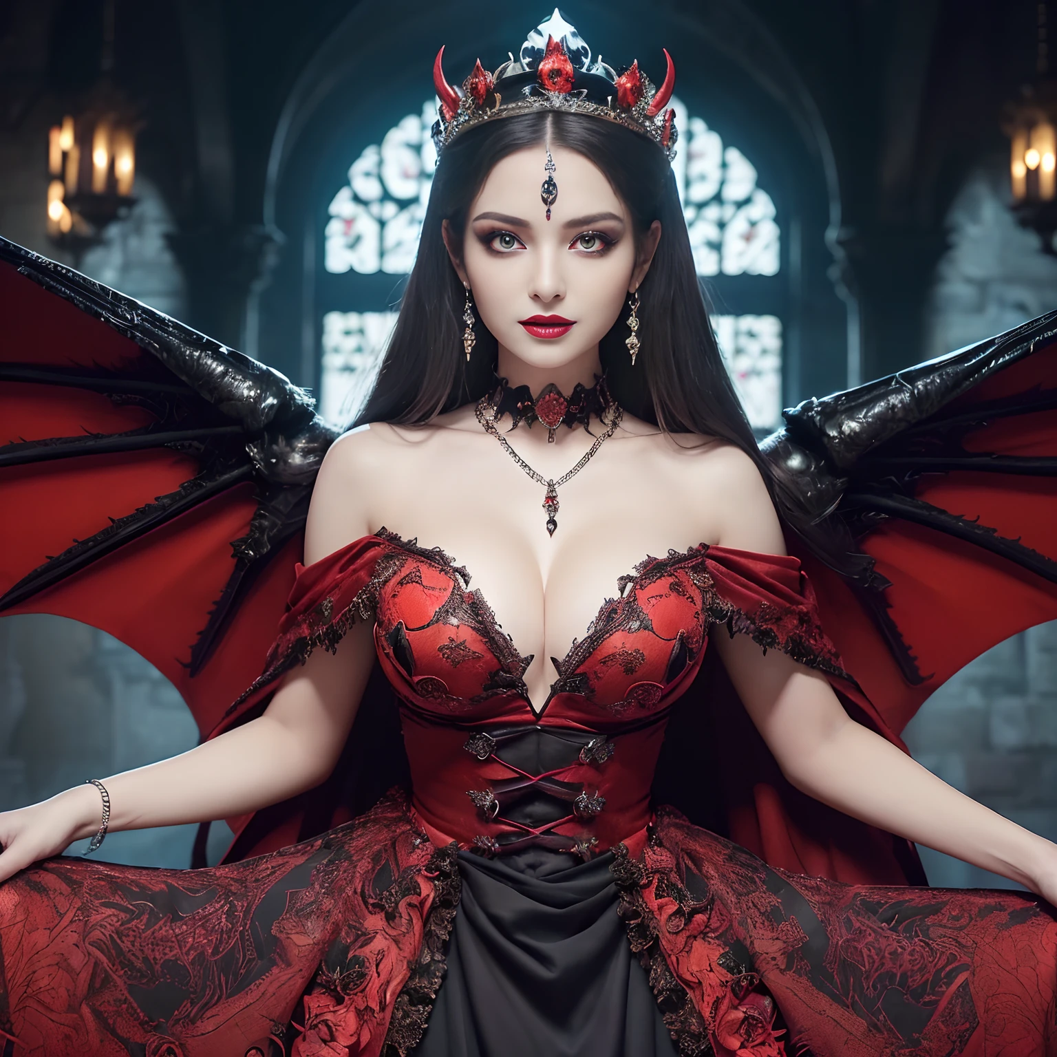 ((((With giant demon wings,Incredibly huge and evil wings,Realistic wings,Realistic demon giant wings,Giant Devil's Wings,Intricate details of the wings,Detailed and intricate demon wings,Spread your wings too far and become too huge,Spread huge wings,The most massive devil's wings)))),(((facing front,Blood Red Lip,Evil makeup,Evil beauty, Interior of a glamorous and opulent castle,Highly complex castle interiors))),(Evil Queen, Medieval dresses,Princess of the Japan),((((((Her eyes glow red,Her eyes glow bright red)))))),((facing front,Black Dress,Facing this way,Dark hair, Glowing red eyes,long,Photo from the waist up)), ((Wicked and ornate European castles, Castles in medieval Europe,Magical atmosphere,Walk inside the castle,Detailed backgrounds,Detailed castle interiors,bewitching, Spooky and beautiful demons, Sexy Devil Princess, ssmile,Perfect gas chamber,Bewitching sexy smile,castle at night,Rape and evil night castle,Spooky makeup,Castle lit up,Dresses with intricate decorations, Intricate tiara,Dresses in black tones, Dresses with intricate decorations,large full breasts,Evil Patterns, Evil decoration, ruby decoration, Evil and beautiful makeup, Artistic Design Choker, Evil pattern decoration, Shining crown, Finest necklaces, artistic décor, Princess Dresses, Dresses with lots of jewelry, Chest that seems to burst,Dresses with a narrow waist,A dress that tightens the waist,Luxury beyond imagination)), The most realistic, the complex background, Highly detailed and realistic backgrounds, Great for looking at the camera, White teeth, perfect teeth, A detailed face, Quality and beautiful face, Clear and beautiful face, Highest Quality, 8K, SLR Camera Photography