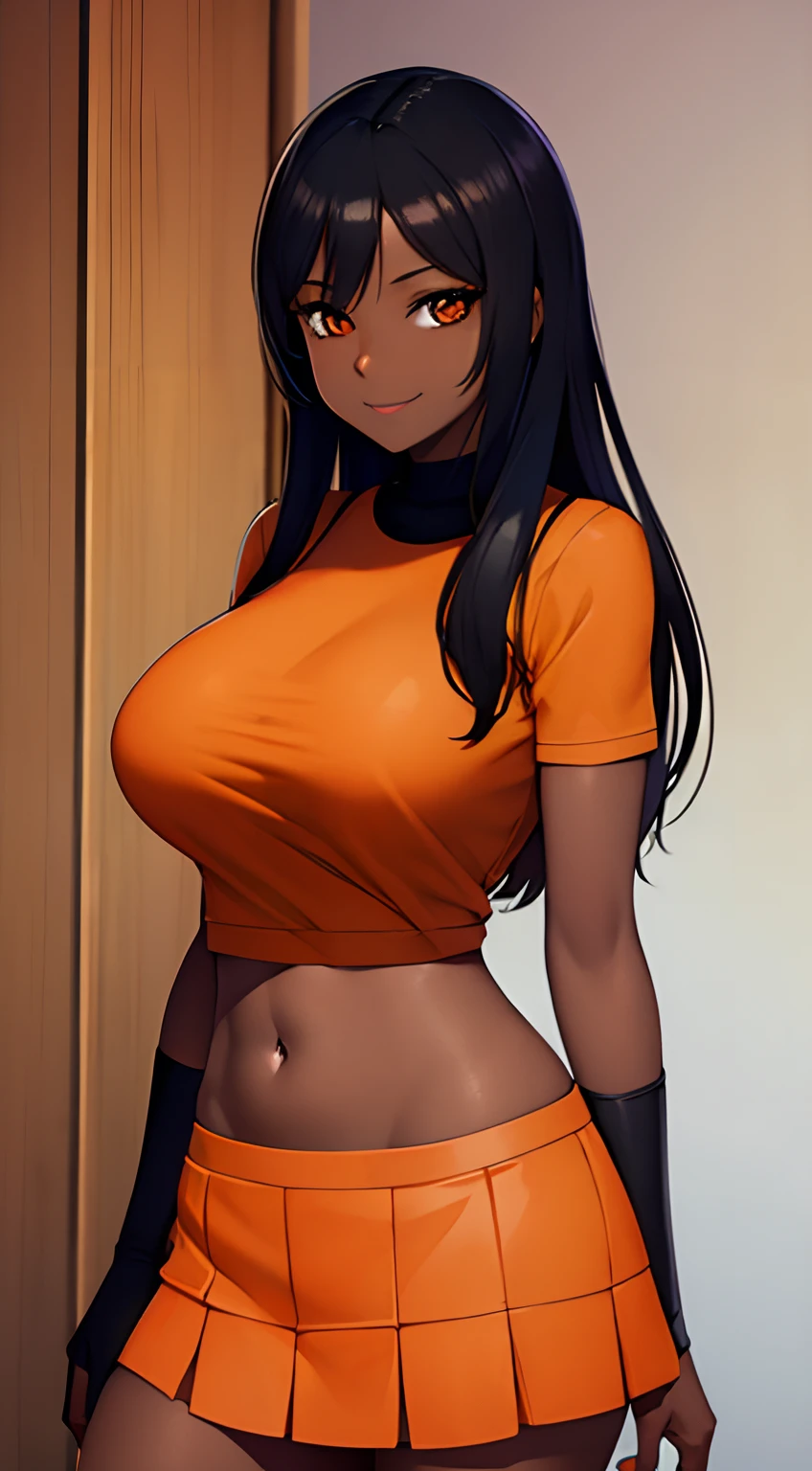 (masterpiece), best quality, expressive eyes, perfect face,black ebony skin, Orange colour blouse, Short skirt, perfect shaped body,long hair, black hair, orange eyes,big sized boobs, black skin, ultra realistic detailed orange eyes, long and open hair,big smile, looking at camera, innocent eyes, innocent face, cute anime girl face, black skin anime girl, bright smile on her face, thigh legs