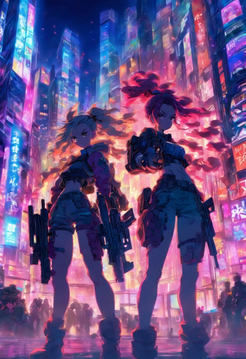 Two anime girls standing in the middle of a city at night - SeaArt AI