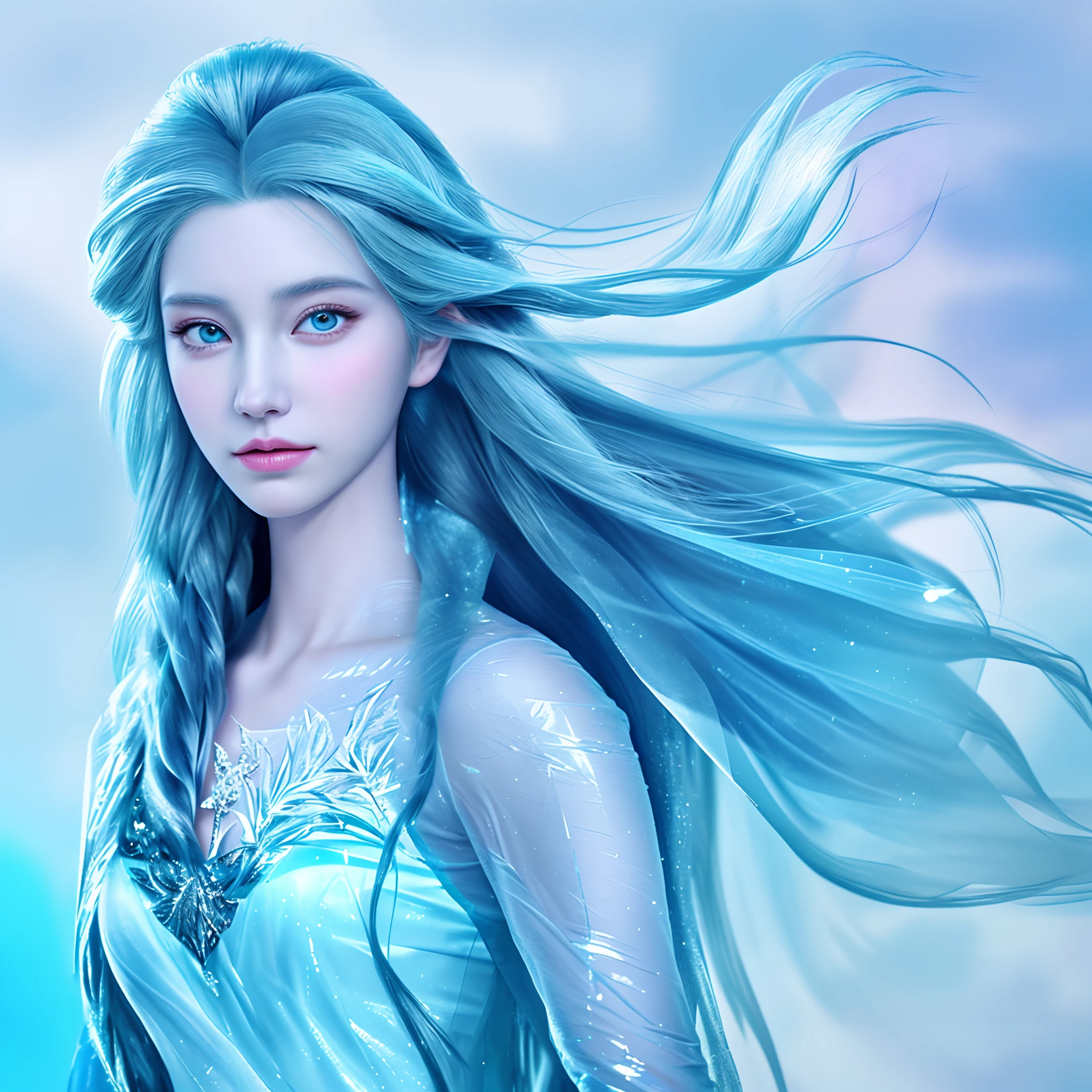 Full-length portrait of Princess Elsa with long frozen hair，Outstanding image quality，The eyes are cold，cold shades