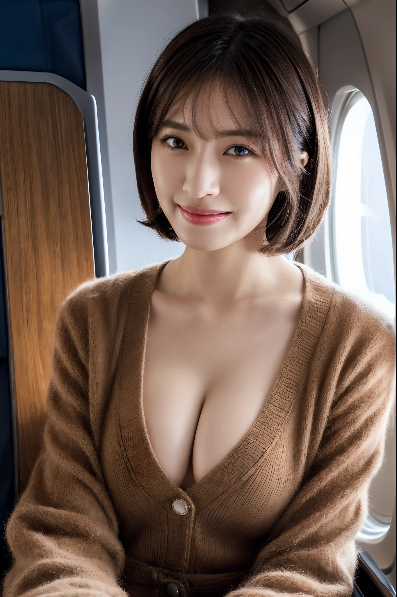 1Japanese female, Solo, 40 years, (cabin attendant uniform:1.3), smile, (fluffy brown eyes), (beautiful Face), (Black short hair), huge breasts, (Detailed face), Detailed lips, Detailed face, Detailed chest, detail, Perfect body, Standing, cowboy shot, ((background: in Japanese airline airplane)), 8K, of the highest quality, Intricate details, Ultra Detail, Ultra High Resolution, masterpiece,
